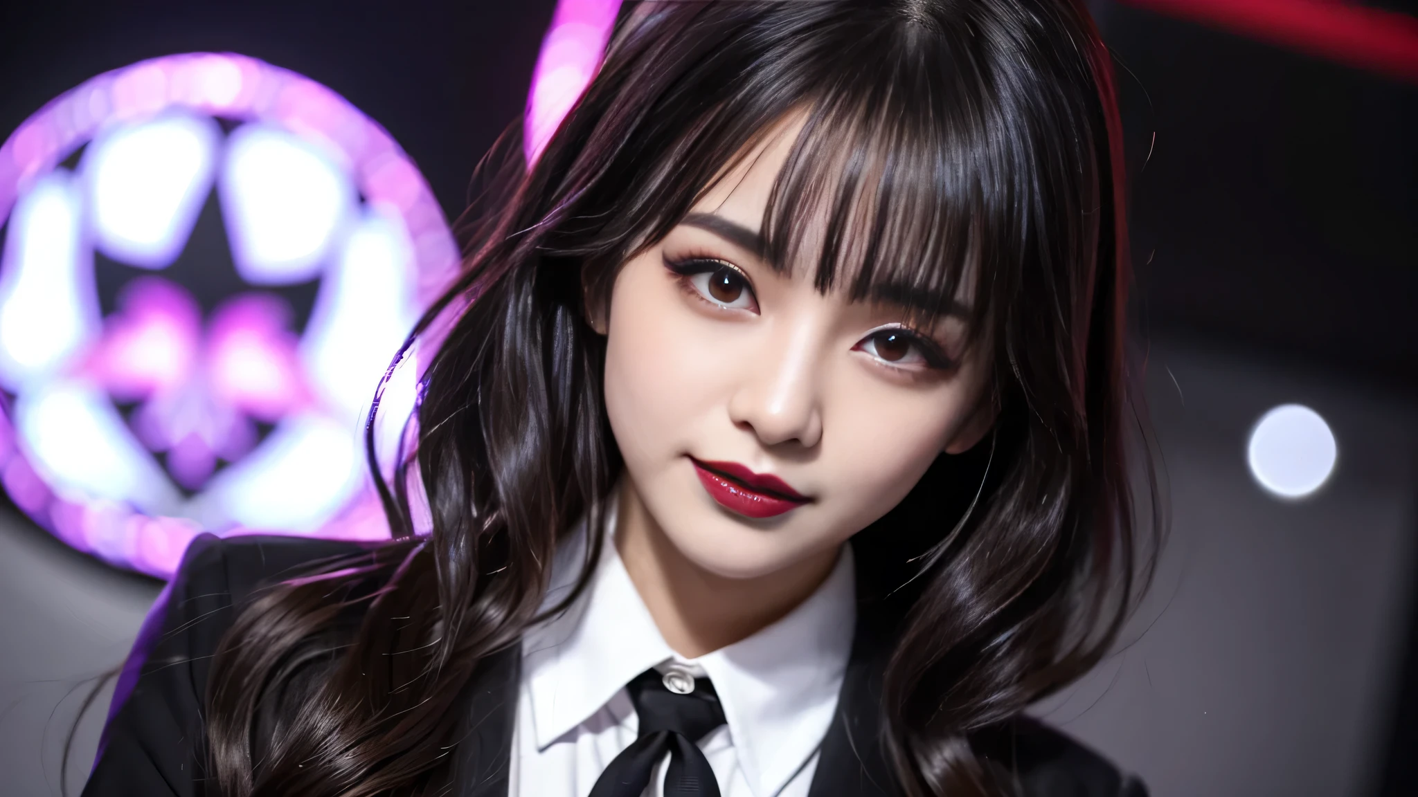best quality、ultra-detailed、4k、Japanese、Seductive beauty、seductive adult woman、Pretty Woman、cool girl、Villainess、Brainwashed、brainwash、Fallen into evil、smirk、Evil look、Wicked Smile、evil、Brown hair、wavy hair、swept bangs、dark makeup、dark makeup、piercing eyes、hollow eyes,half-closed eyes、Hollow Eyes、purple Eyeshadow、black lipstick、black lipglos、student、blazer、White Shirt、Black Ribbon、flare skirt、Beautiful feet、night、inside school、Have lipstick、Emblem of Evil、Crest of Darkness、Swear allegiance、I have pledged my allegiance、Dye black、Blackening、Stained with evil、Dyed in darkness、Seduce