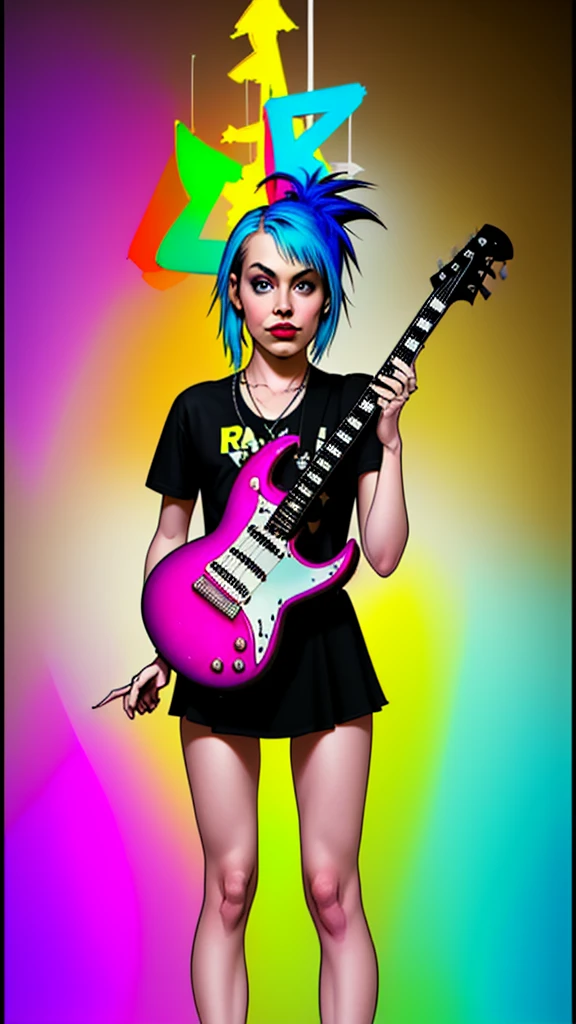 rock star, musician, nice, colorful, Absurd, highest quality, One girl, alone, Viewer's gaze, Eye focus, Lucoa DM, Casual CL, Shorts, Modern Top, Hip, Heterochromia, Eye focus, ADCOMM GREEN EYES ADDCOL (Iris: 1.5), elongated pupils, Bright pupils, Yellow pupil