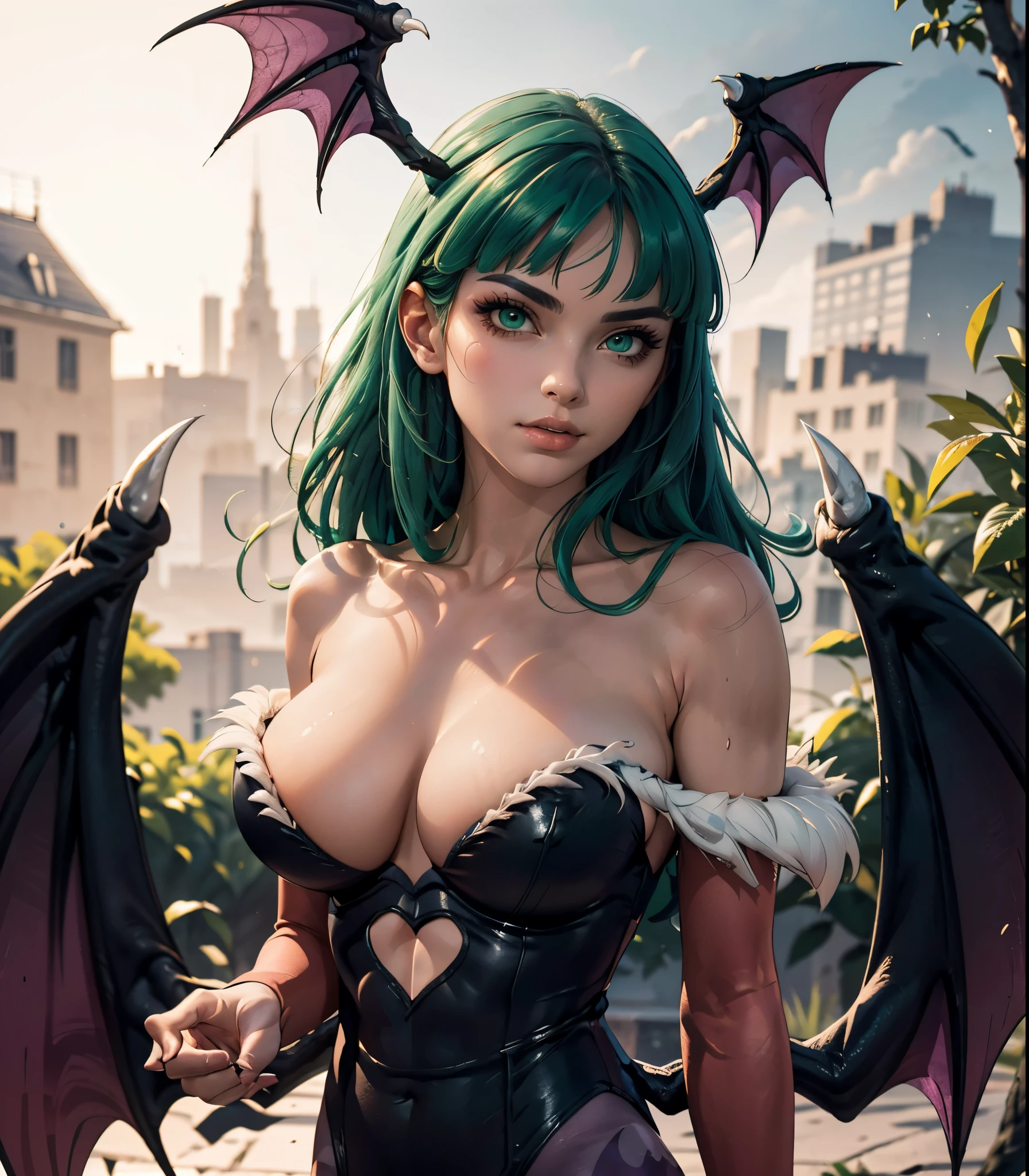 ((extremely detailed 8k illustration)), high resolution, (extremely detailed and hermoso background), pintura ultra detallada, professional illustration, Ultra-precise representation, Ultra-detailed rendering, (hermoso and aesthetic:1.2), hdr, (profundidad de campo:1.4), vistoso, vivid, hermoso detailed glow light particles, intrincado:1.4, (manos y pies con 5 dedos), manos perfectas, Detalles de la cara:1.2, cara bonita, hermosa mujer, (cabello largo de color verde esmeralda, ojos grandes de color verde), ((bat wings on the back and sides of the head)), (Morrigan Aensland de Darkstalkers), ((Su cabello es un corte hime)), (a sleeveless black leotard with feathers on the edge that mainly reveals her cleavage with a heart-shaped cutout below her bust), (purple tights with bat-shaped patterns), cuerpo completo!, light pink gloves that cover the middle finger and black calf-high heeled boots, (exquisite lighting and shadow), dynamic angle, DSLR, Sharp focus: 1.0, Maximum clarity and sharpness