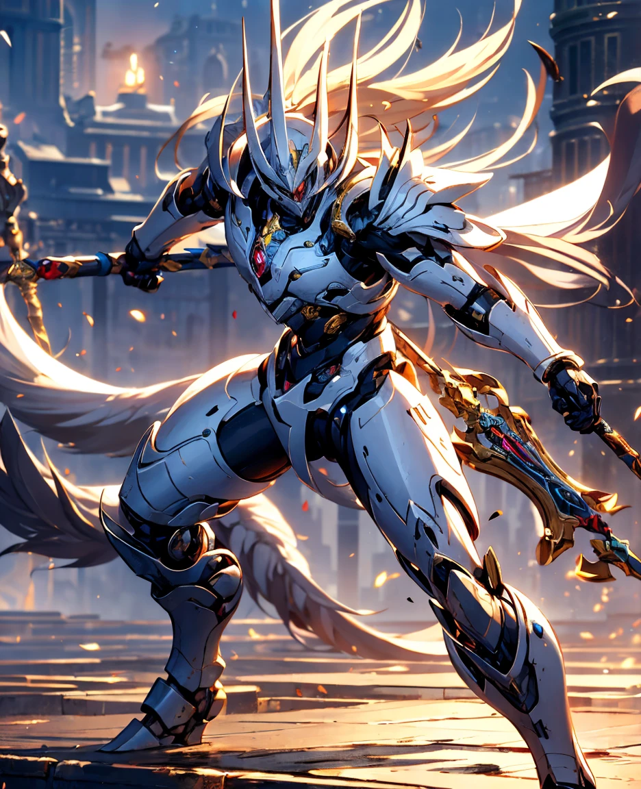 Futuristic tech style,Blue and white mech，All surrounded by particle dragons，With a spear，in a fighting stance，（《Romance of the Three Kingdoms》，《zhao yun》，Full body mecha,Fighting posture）, Keqing from Genshin Impact, (Masterpiece) ， The best quality， High quality，Gold armor，Movie Lighting， （Exquisite future）， Beautiful and beautiful， Ultra detailed， great composition， Floating， Depth of field， （Very detailed CG，Unity 8k Wallpaper）， （Beautiful detail background）， dramatic lights， GOGETTA， Mecha，best qualtiy，Ultra-high resolution，Vivid Wait for it to begin