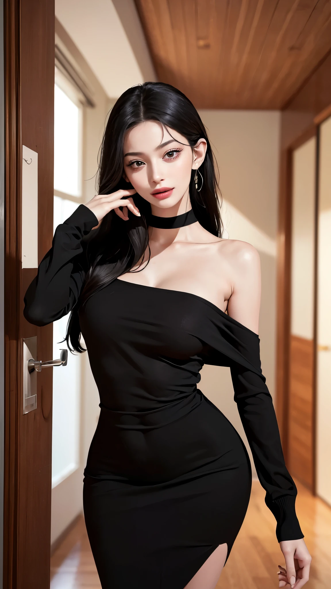 ((Open your mouth))、masterpiece,highest quality,High resolution,Very detailed,skinny,,((Captivating smile ))、skinny,Black Choker,Earrings,Big cleavage、Off-the-shoulder tight sweater dress、,Race,(( Perfect Fingers )) , indoor,(Open the front door 1.2),((sexy Gestures:1.3))、Heavy breathing ,
Accurate 5-finger、Accurate human body、The perfect human body、The most beautiful face, true to the human body、Correct five-finger、The perfect human body、Someone knowledgeable、Highly detailed face and skin texture、Natural neck length、(beautiful Hands)、beautiful, Long, slender legs、Straighten two legs、Straighten two arms、