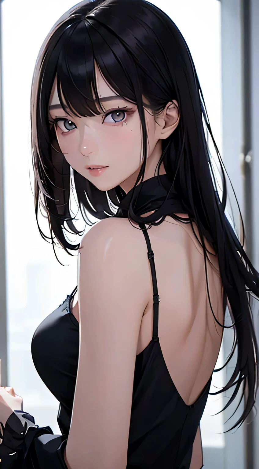 (Masterpiece, highest quality): A twenty-year-old Japanese woman with long, luscious black hair (1.3), elegantly dressed in a many-sleeved shirt (1.1), exudes a sexually alluring energy. Her fresh and cool look is accentuated by her big, captivating dark eyes, high nose, and thin lips. The detailed image, captured in 8k, showcases her very beautiful, youthful face with a perfectly detailed complexion. The cold module adds an intriguing enigma to her mesmerizing appearance.