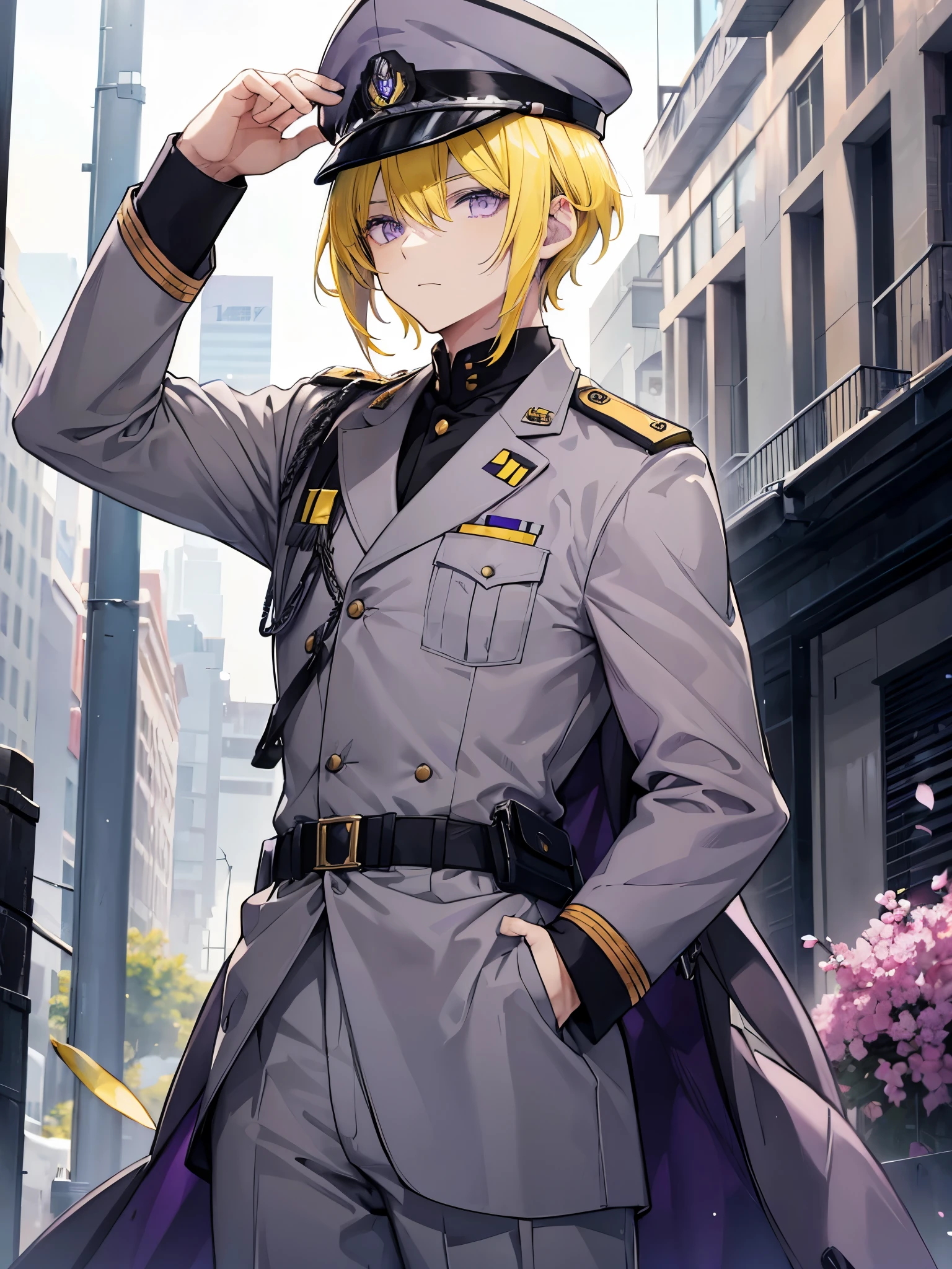 1 man, ((grey clothes)), ((Lemon Hair)), ((Purple Eyes)), ((military uniform)), male