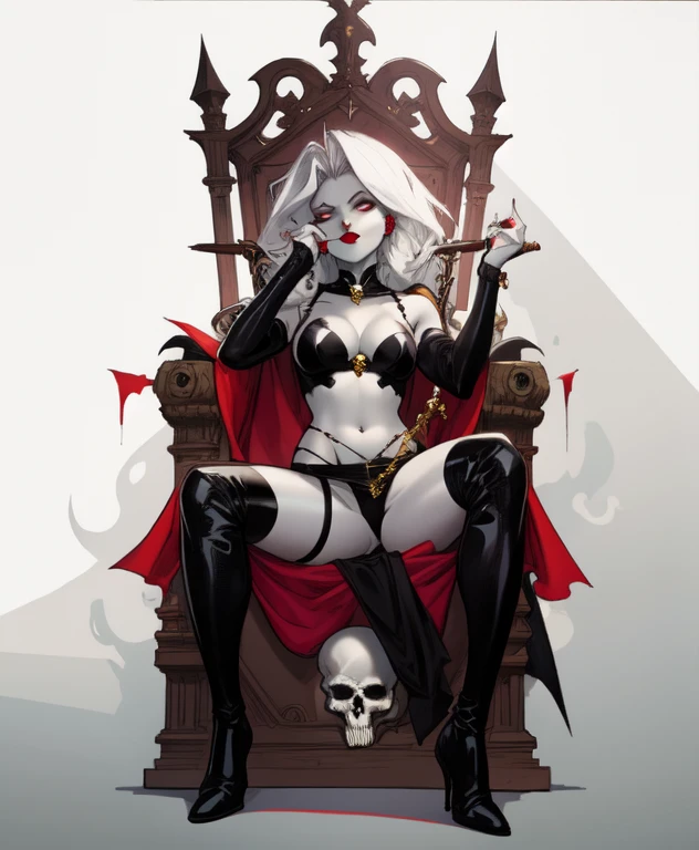 ((lady death)) sitting on a throne ,gothic, perfect face, perfect anatomy, black boots, 