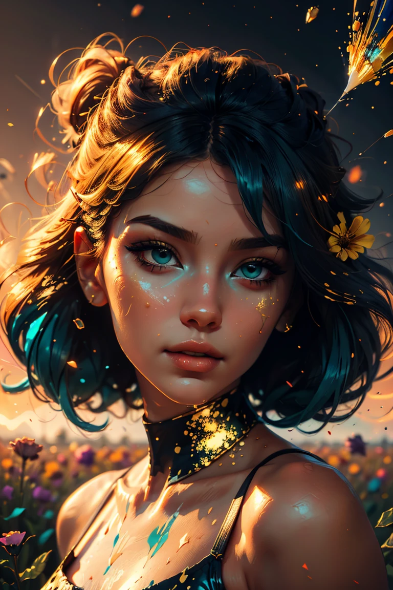 award winning digital art, half body portrait of a beautiful woman with navy blue teal hairstyle with head in motion and long hair flying, in a flower field, golden sunset, particles dust, glitter, paint splashes, splatter, outrun, vaporware, shaded flat illustration, digital art, trending on artstation, highly detailed, fine detail, intricate