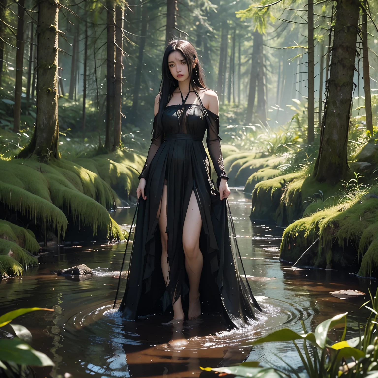 Bog: A bog is a type of wetland where peat accumulates. It is often characterized by sphagnum moss and other vegetation thriving in acidic, nutrient-poor conditions.

Bog woman: A woman wading through a murky bog, her skin slick with mud and water. She wears a long, flowing dress that clings to her figure, dark and heavy with water. Her long, dark hair is plastered to her head, and her eyes are wide with focus as she navigates the uneven terrain. The sunlight filters through the trees, casting long, dancing shadows over the scene. High detail: 1.3, CRISP FOCUS: