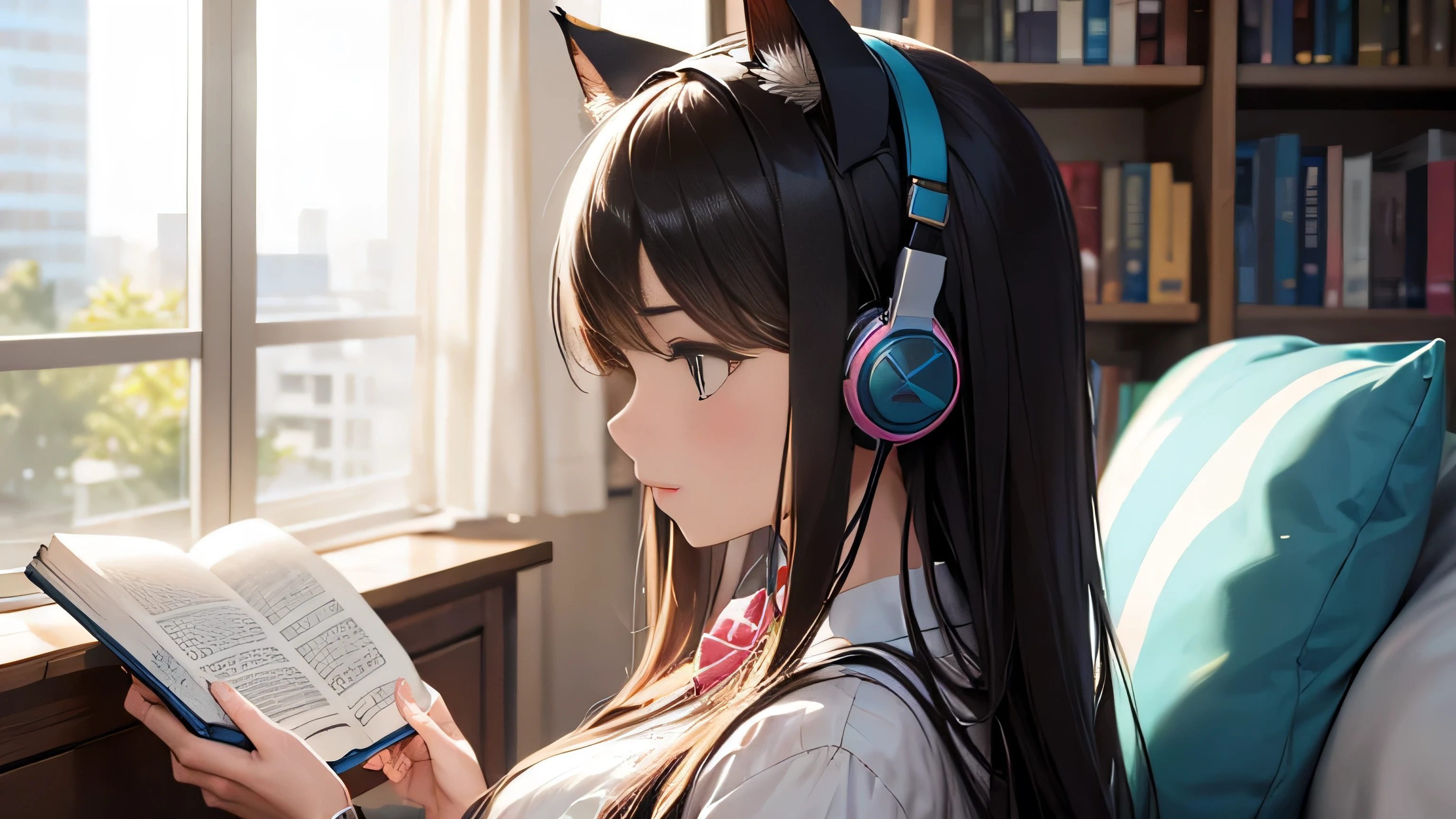 Profile of a beautiful girl with cat ears and headphones reading a book