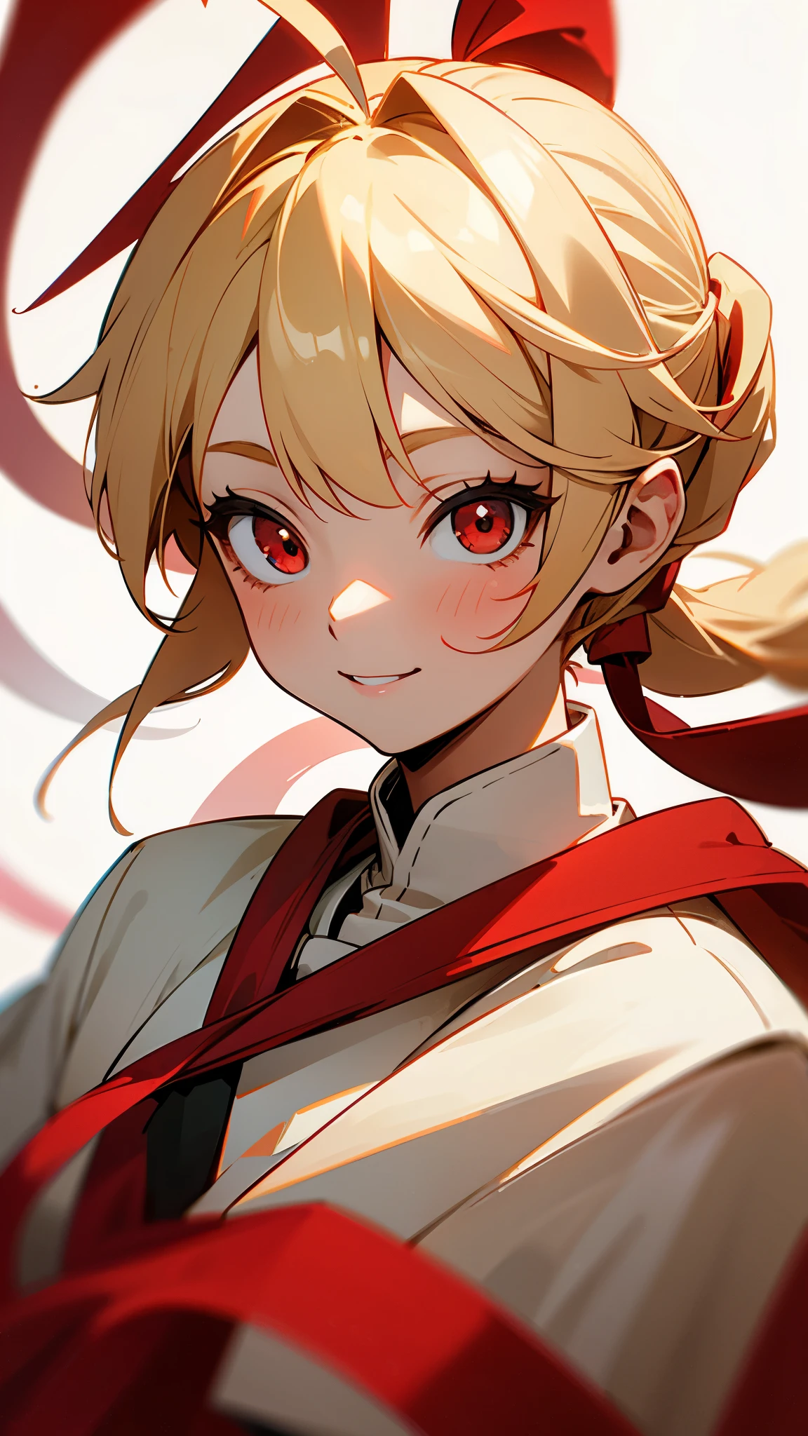 1 Girl、Blonde ponytail、Red ribbon、Ahoge、Big round red eyes、smile、Upper body close-up