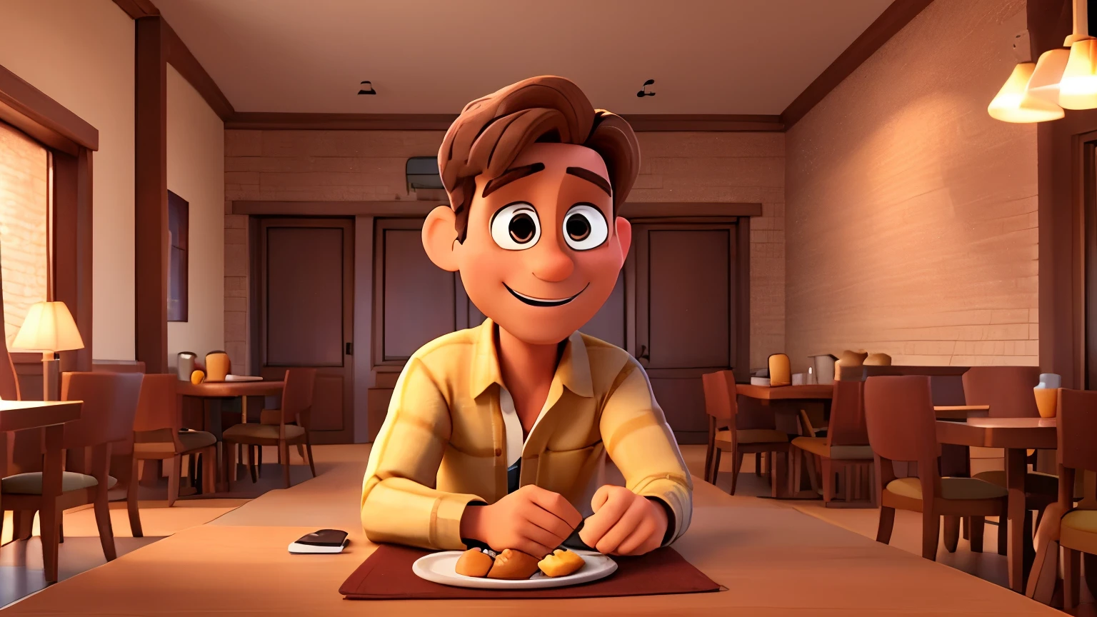 man, 40 years old with brown hair and honey eyes, excited in the 3D animation dining room at Disney
Pixar Style |,