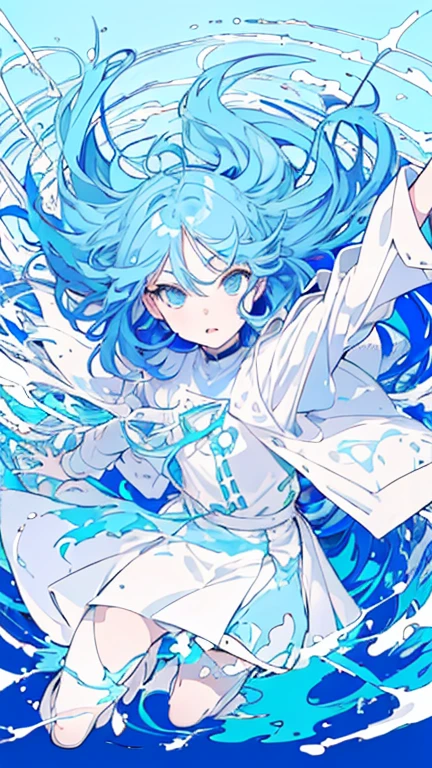 (masterpiece, highest quality, Official Art:1.2), (Flat Color:1.5),(colorful),modern art、Light blue hair、Bright Blue Eyes、Looking at the audience,((1 girl)),alone, White Background, floating colorful water,(2D:1.5)