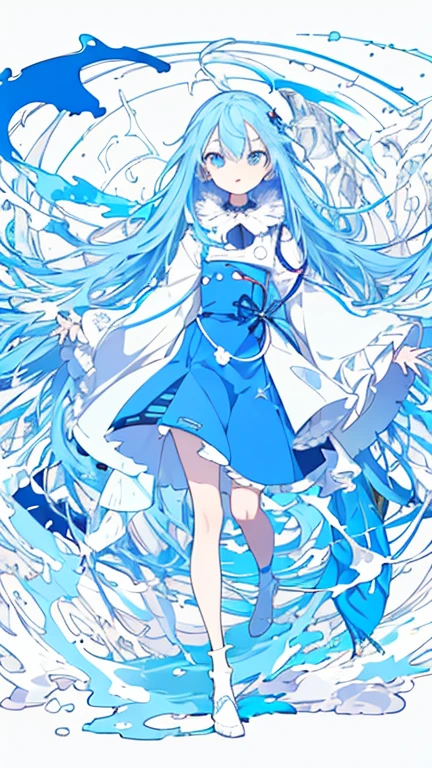 (masterpiece, highest quality, Official Art:1.2), (Flat Color:1.5),(colorful),modern art、Light blue hair、Bright Blue Eyes、Looking at the audience,((1 girl)),alone, White Background, floating colorful water,(2D:1.5)