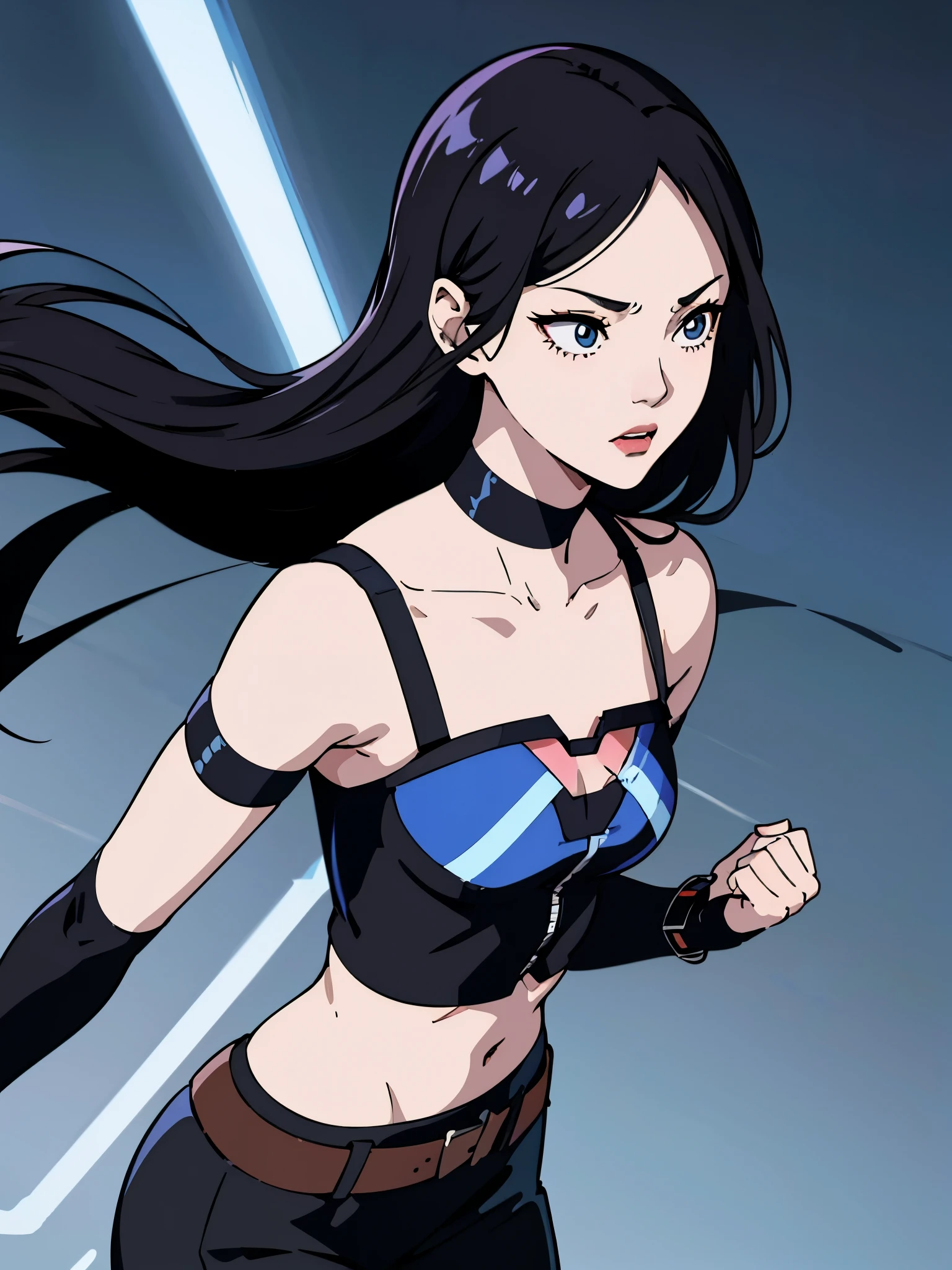 digital art drawing, illustration of (girl, long dark black hair mid part, brown eyes, sexy facial expression, flat chest, light blue corsette, single arm black sleeve, cyberpunk background), anime drawing/art, bold linework, illustration, digital art, masterpiece, flat illustration, no shadows, 8k resolution, high detail, vector art, only anime, perfect eyes, perfect hands, perfect fingers, sharpness, high clarity, medium close up, high fidelity