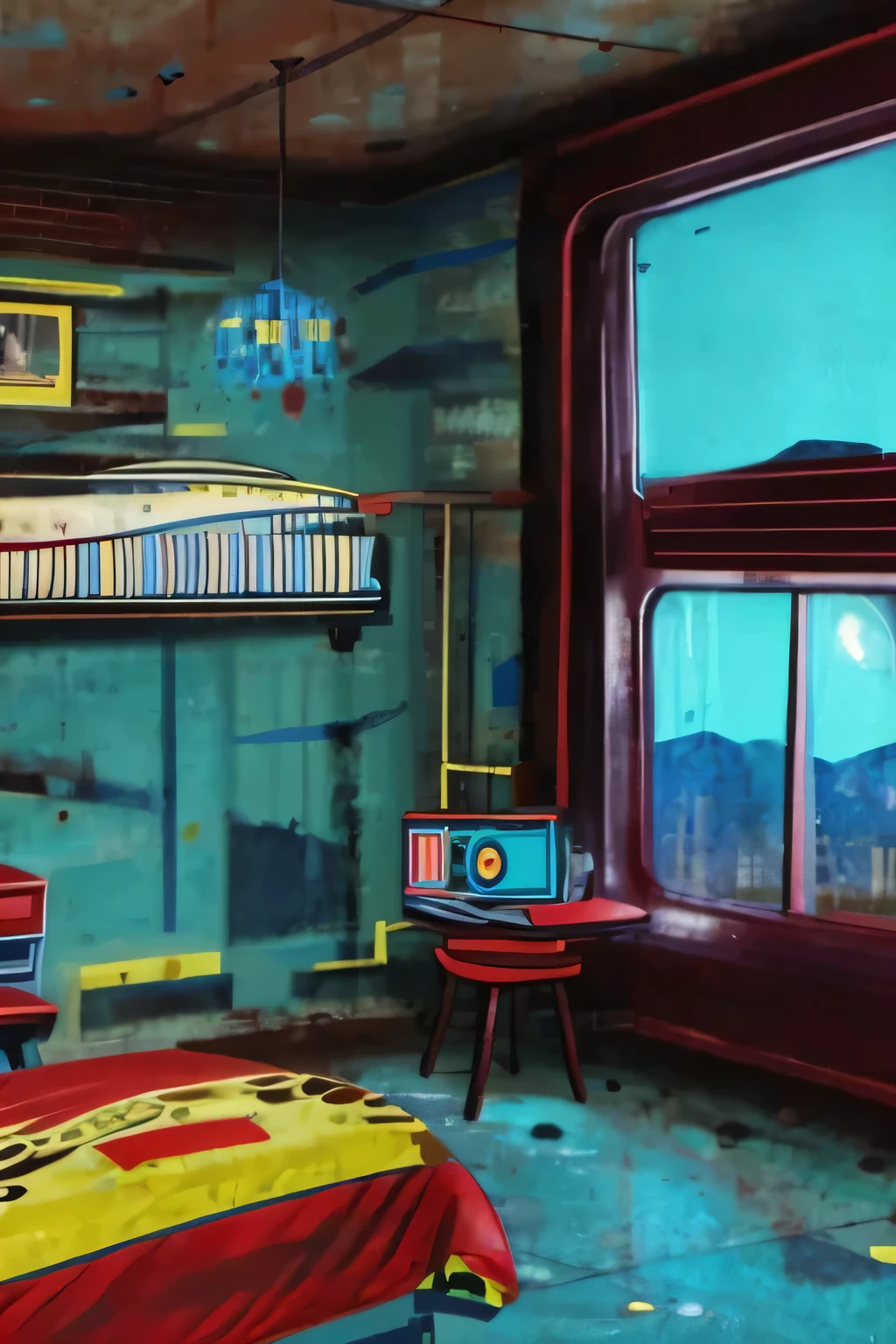 generate a background of a bed room with a bed in nuka cola quantum colors as well as the same theme [nuka cola quantum] for the rest of the room. in the window on the wall, outside add the details of a nuclear wasteland relative to fallout, the bethesda video game series
