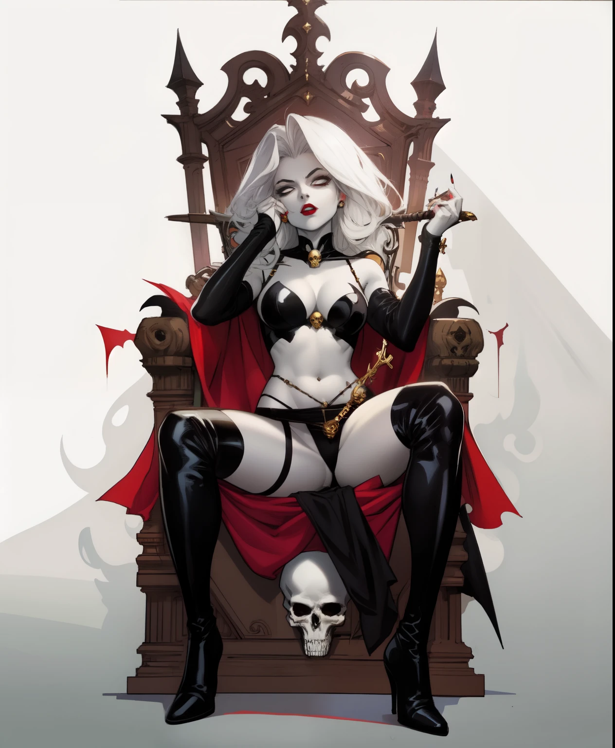 ((lady death)) sitting on a throne ,gothic, perfect face, perfect anatomy, black boots,