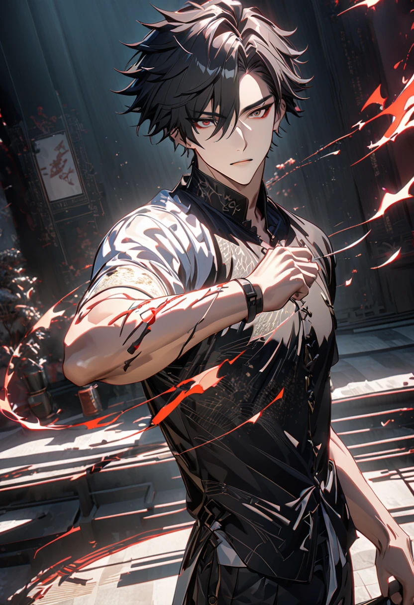 male1名, male中心, Right Arm Only Demon, human, Black aura on right arm, male, shortage々Shii, Stick out your right arm, Black Right Arm, White Shirt, clothes, Chino pants, View your viewers, short hair, 8k, detailed, Ray Tracing, Depth of written boundary