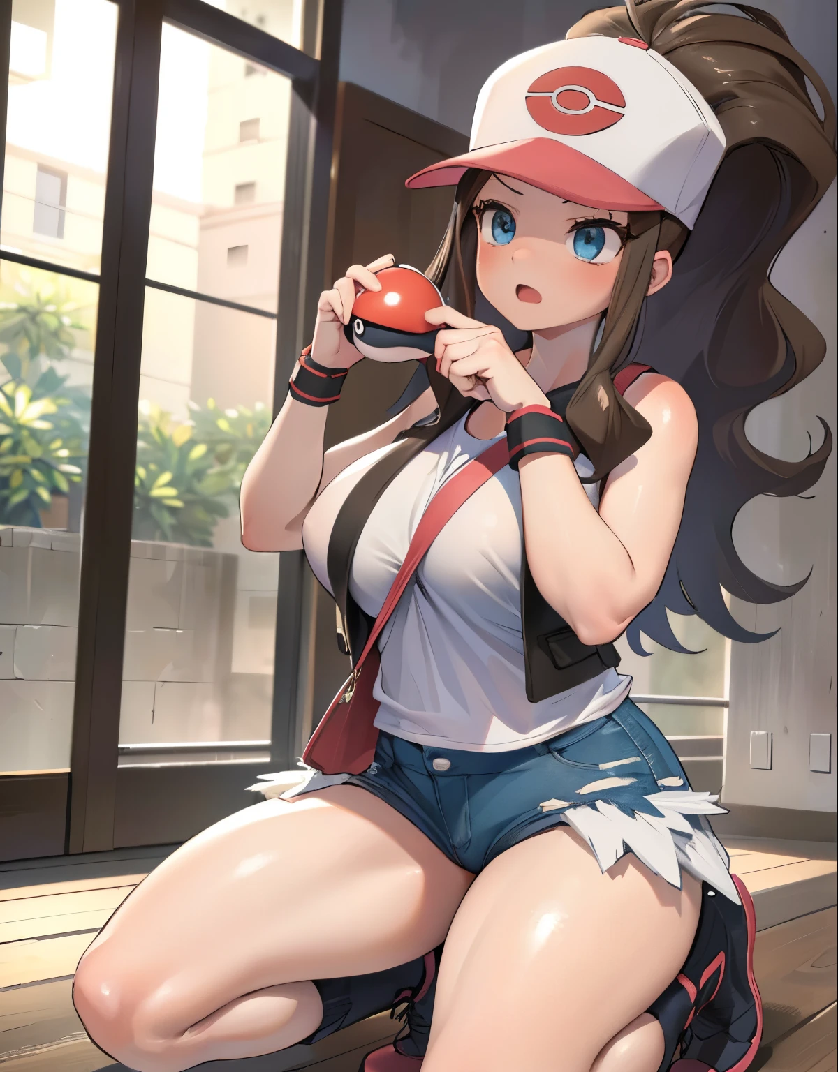 (best quality,4k,8k,highres,masterpiece:1.2),ultra-detailed,(realistic,photorealistic,photo-realistic:1.37)highres,portrait,beautiful girl, ultra-detailed, realistic:1.37, sketches, hilda pokemon, def1, detailed eyes, beautiful eyes, anime style eyes, perfect hands, curvy, visible thighs, chubby thighs, thighs in the foreground, kneeling on the ground, annoyed look, open mouth, encanto femenino,  in a abandoned warehouse, dinamic pose