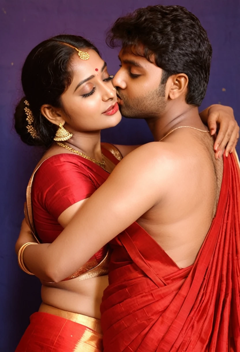 Bengali women with red saree deep cleavage with a boy hug and kiss