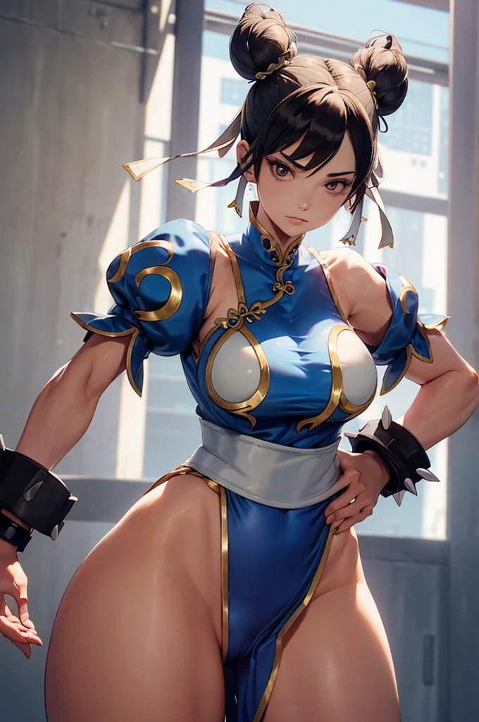 chun li,tem, gravata, luvas, body canelado, inexpressivo, Olhos vazios, olhando para o espectador, corruption, controle mental, combatente feminina, corpo todo, hipnotizado, transe infeliz, corpo todo, obedecer, Corpo feminino perfeito, hipnose, hipnoLora, olhos vazios, Dispositivo de controle mental, Poses, submisso_Pose, Escravo, standing straight, standing, standing at attention, postura de luta, extending the right arm from the shoulder into the air with the hand straight, (((pixel perfeito, detalhe perfeito))), Sozinho, 1 garota, enfeites de cabelo, Laplace, fita de cabelo, Cabelo longo, peito pequeno, olhos azuis, cabelo loiro, twintails, holding pistola, pistola, segurando arma