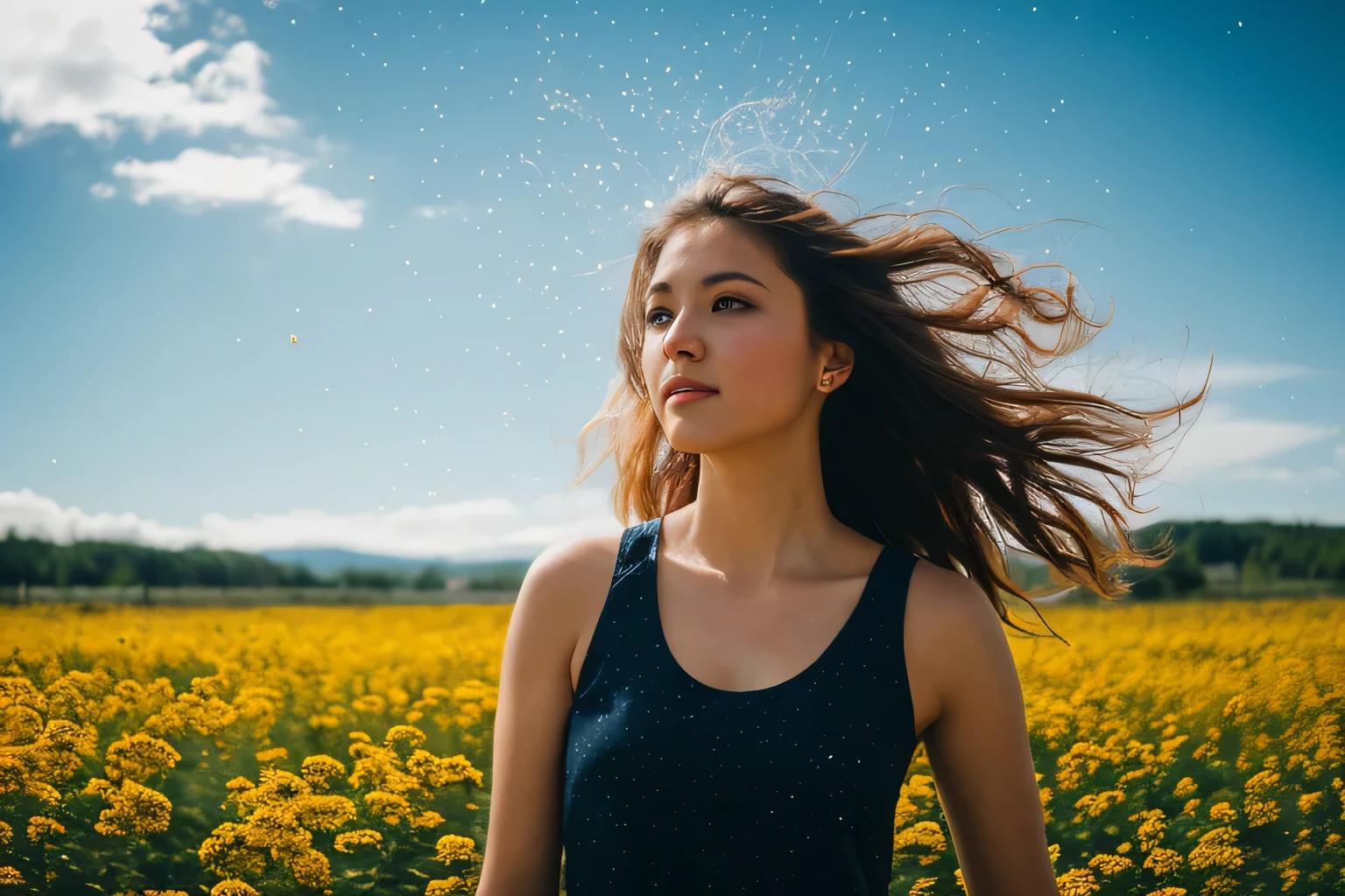 (best quality, Masterpiece), 1 girl, stance, particle, wind, flower, upper body, simple background, looking at the audience, Blonde, galaxy,