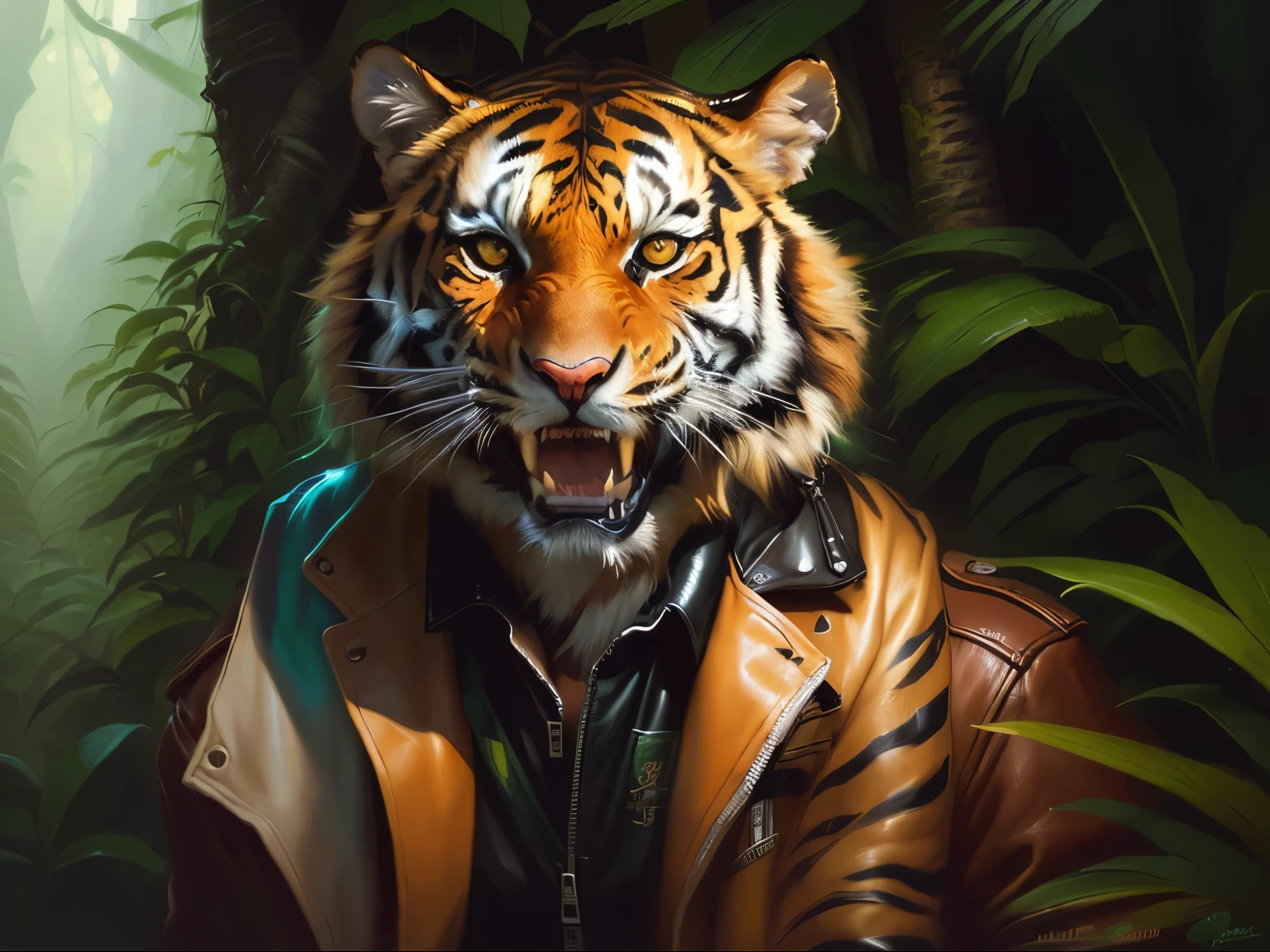 painting of a Tigre in a leather jacket in a jungle, anthropomorphic Tigre, ((Tigre)), por Galen Dara, por Kerembeyit, stunning digital illustration, Tigre_fera, por Adam Marczyński, Tigre, epic digital art illustration, wojtek fus, Ilustra??the epic portrait, inspirado em Sam Spratt, arte antropo