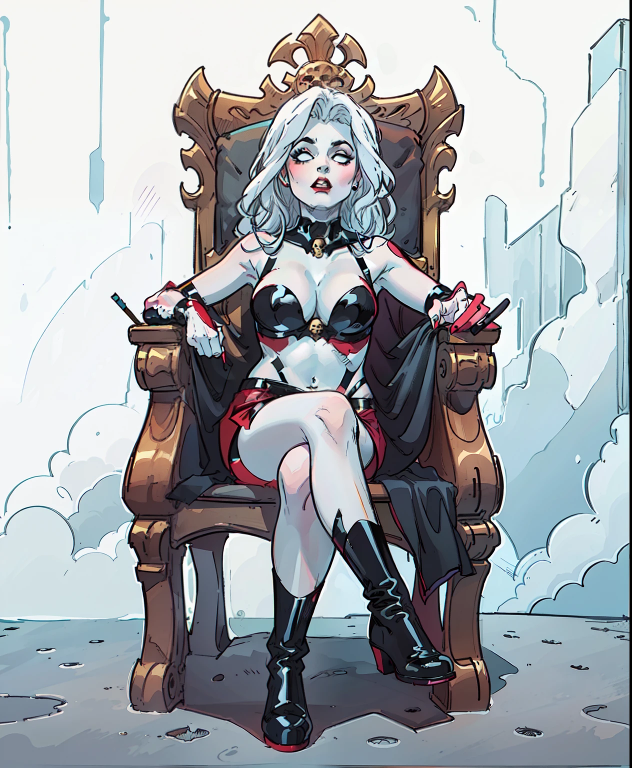((lady death)) sitting on a throne ,gothic, perfect face, perfect anatomy, black boots, 
