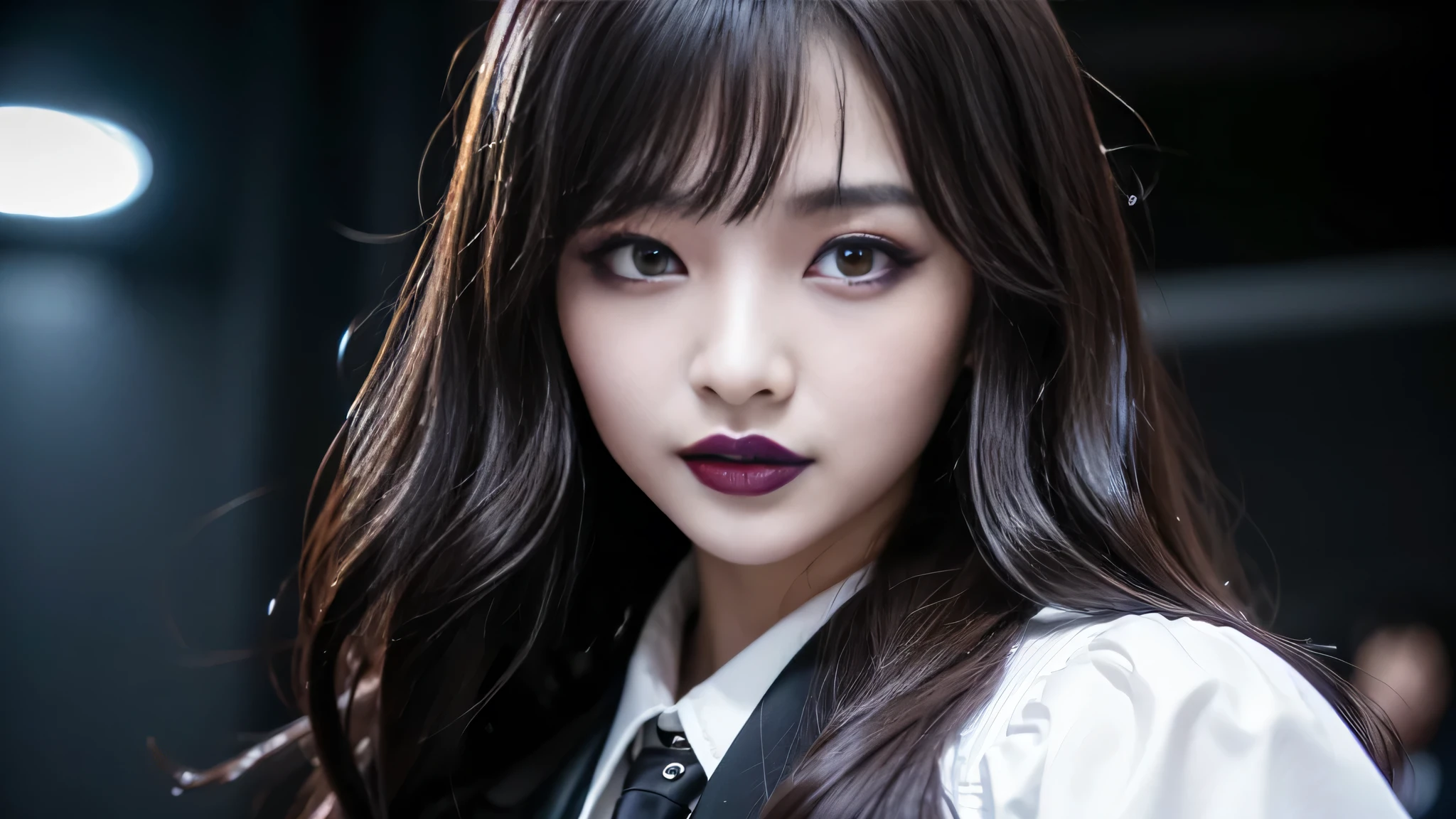 best quality、ultra-detailed、4k、Japanese、Seductive beauty、seductive adult woman、Pretty Woman、cool girl、Villainess、Brainwashed、brainwash、Fallen into evil、smirk、Evil look、Wicked Smile、evil、Brown hair、wavy hair、swept bangs、dark makeup、dark makeup、piercing eyes、hollow eyes,half-closed eyes、Hollow Eyes、purple Eyeshadow、black lipstick、black lipglos、student、blazer、White Shirt、Black Ribbon、flare skirt、Beautiful feet、night、inside school、Have lipstick、Emblem of Evil、Crest of Darkness、Swear allegiance、I have pledged my allegiance、Dye black、Blackening、Stained with evil、Dyed in darkness、Seduce