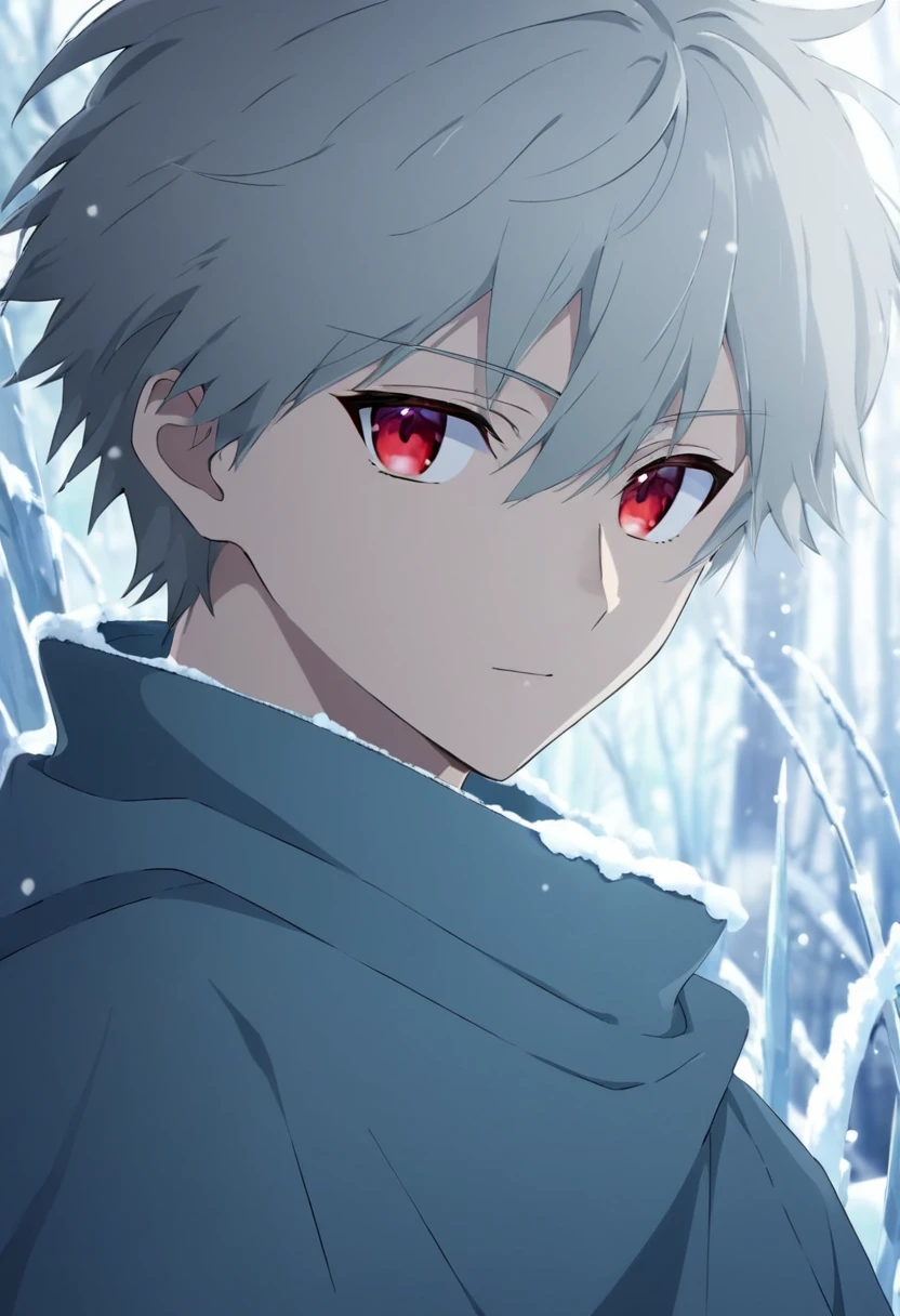 Anime boy with red eyes and cold face