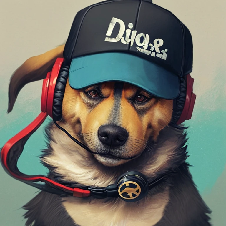 A one dog wearing a cap and wearing a headphone