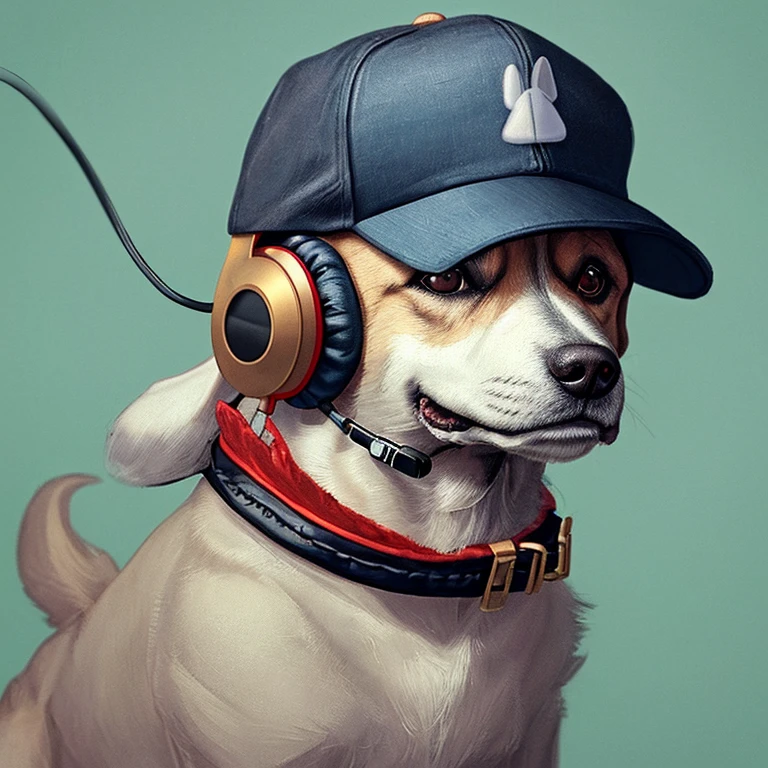 A one dog wearing a cap and wearing a headphone