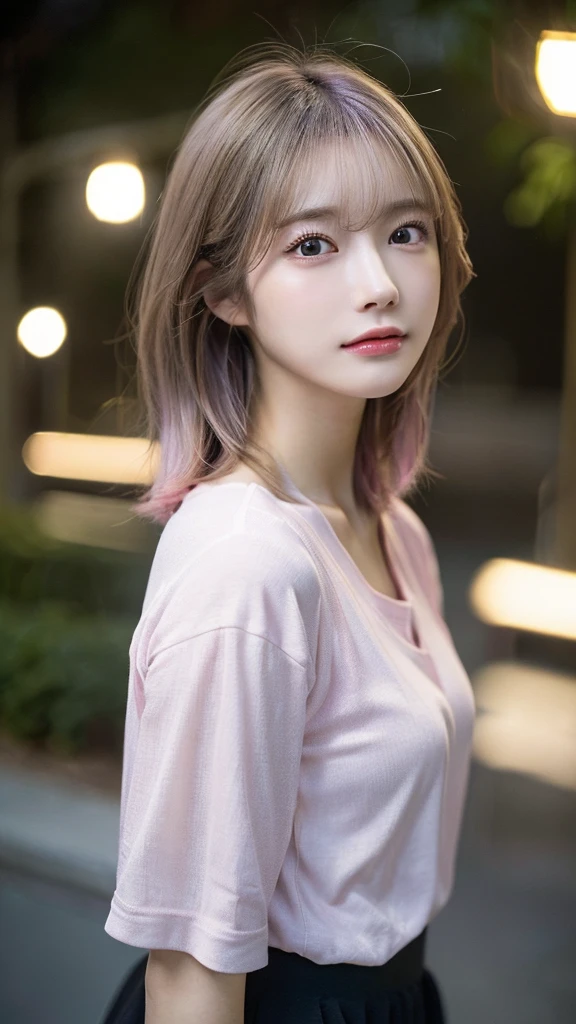 (highest quality,masterpiece:1.3,超A high resolution,),(super detailed,caustics),(Photoreal:1.4,RAW shooting,)ultra-realistic capture,very detailed,High definition 16K for human skin、 Natural skin texture、、Skin looks even-toned and healthy、 Use natural light and color,one woman,Japanese,,cute,Pink color,middle hair,(Depth of the bounds written、chromatic aberration、、wide range of lighting、natural shading、)、(outdoor lights at night:1.4)、(hair swaying in the wind:1)、short hair、（Exposure:3.0）、See-through white shirt