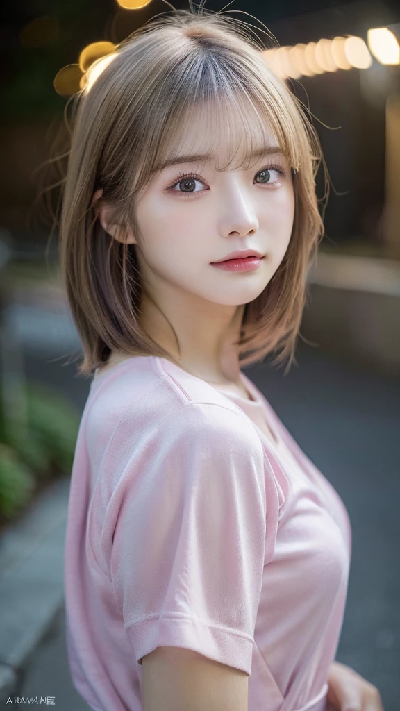 (highest quality,masterpiece:1.3,超A high resolution,),(super detailed,caustics),(Photoreal:1.4,RAW shooting,)ultra-realistic capture,very detailed,High definition 16K for human skin、 Natural skin texture、、Skin looks even-toned and healthy、 Use natural light and color,one woman,Japanese,,cute,Pink color,middle hair,(Depth of the bounds written、chromatic aberration、、wide range of lighting、natural shading、)、(outdoor lights at night:1.4)、(hair swaying in the wind:1)、short hair、(Exposure:3.0)、See-through white shirt