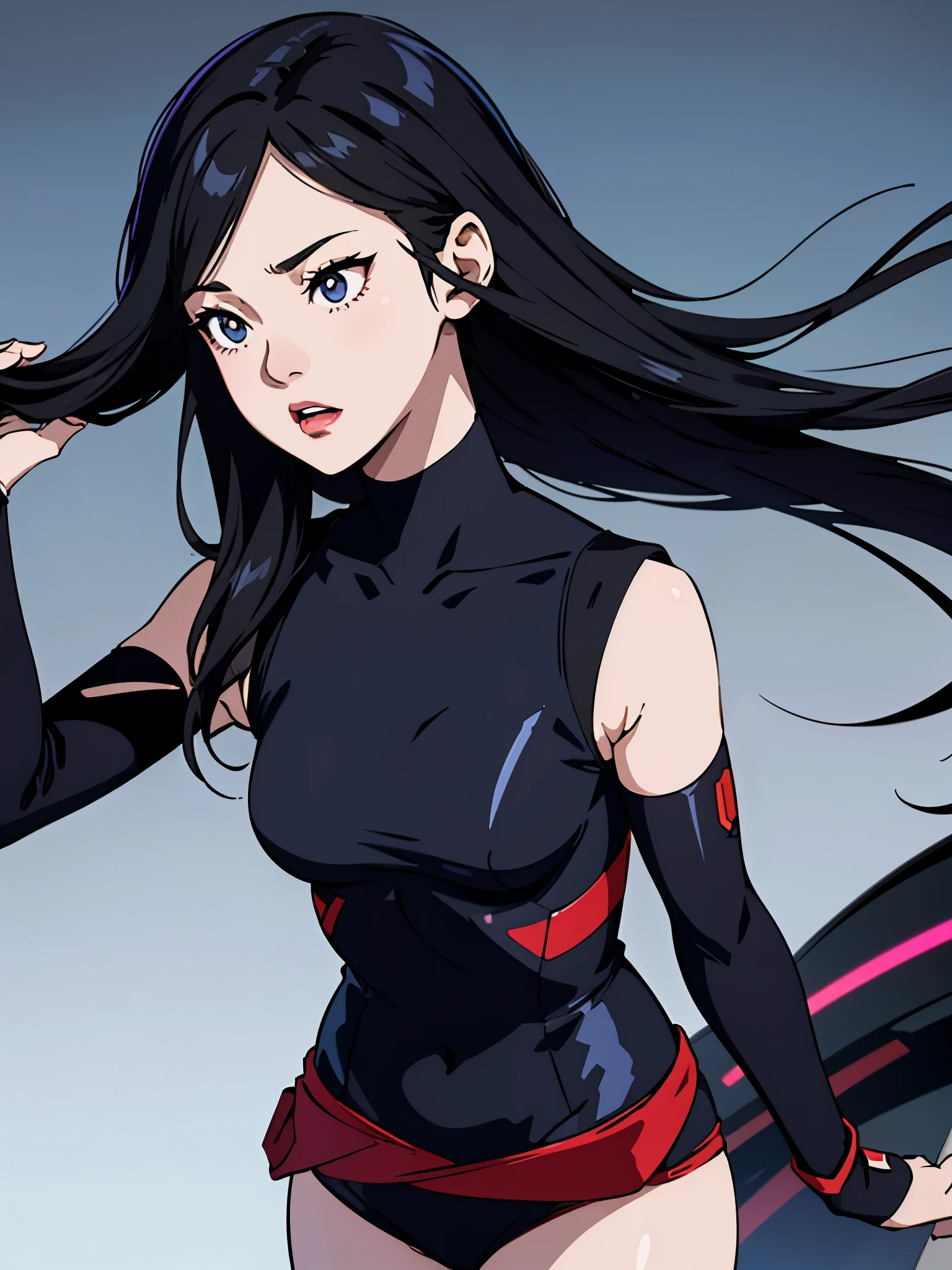 digital art drawing, illustration of (girl, long dark black hair mid part, brown eyes, sexy facial expression, flat chest, light blue corsette, single arm black sleeve, cyberpunk background), anime drawing/art, bold linework, illustration, digital art, masterpiece, flat illustration, no shadows, 8k resolution, high detail, vector art, only anime, perfect eyes, perfect hands, perfect fingers, sharpness, high clarity, medium close up, high fidelity