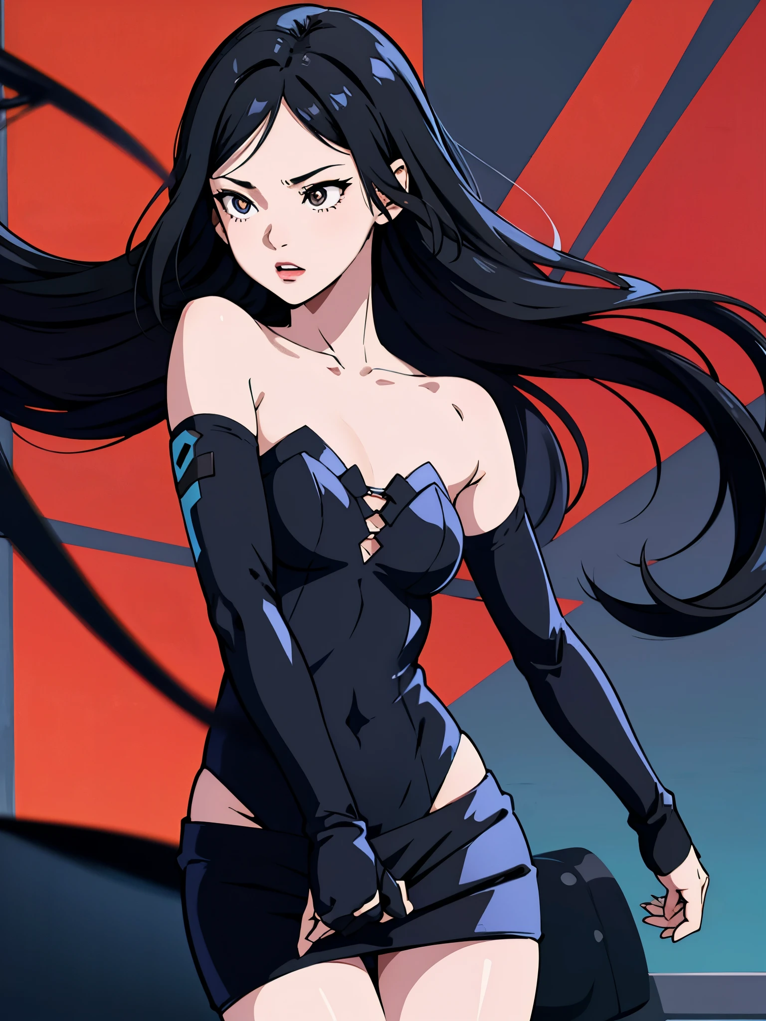 digital art drawing, illustration of (girl, long dark black hair mid part, brown eyes, sexy facial expression, flat chest, light blue corsette, single arm black sleeve, cyberpunk background), anime drawing/art, bold linework, illustration, digital art, masterpiece, flat illustration, no shadows, 8k resolution, high detail, vector art, only anime, perfect eyes, perfect hands, perfect fingers, sharpness, high clarity, medium close up, high fidelity