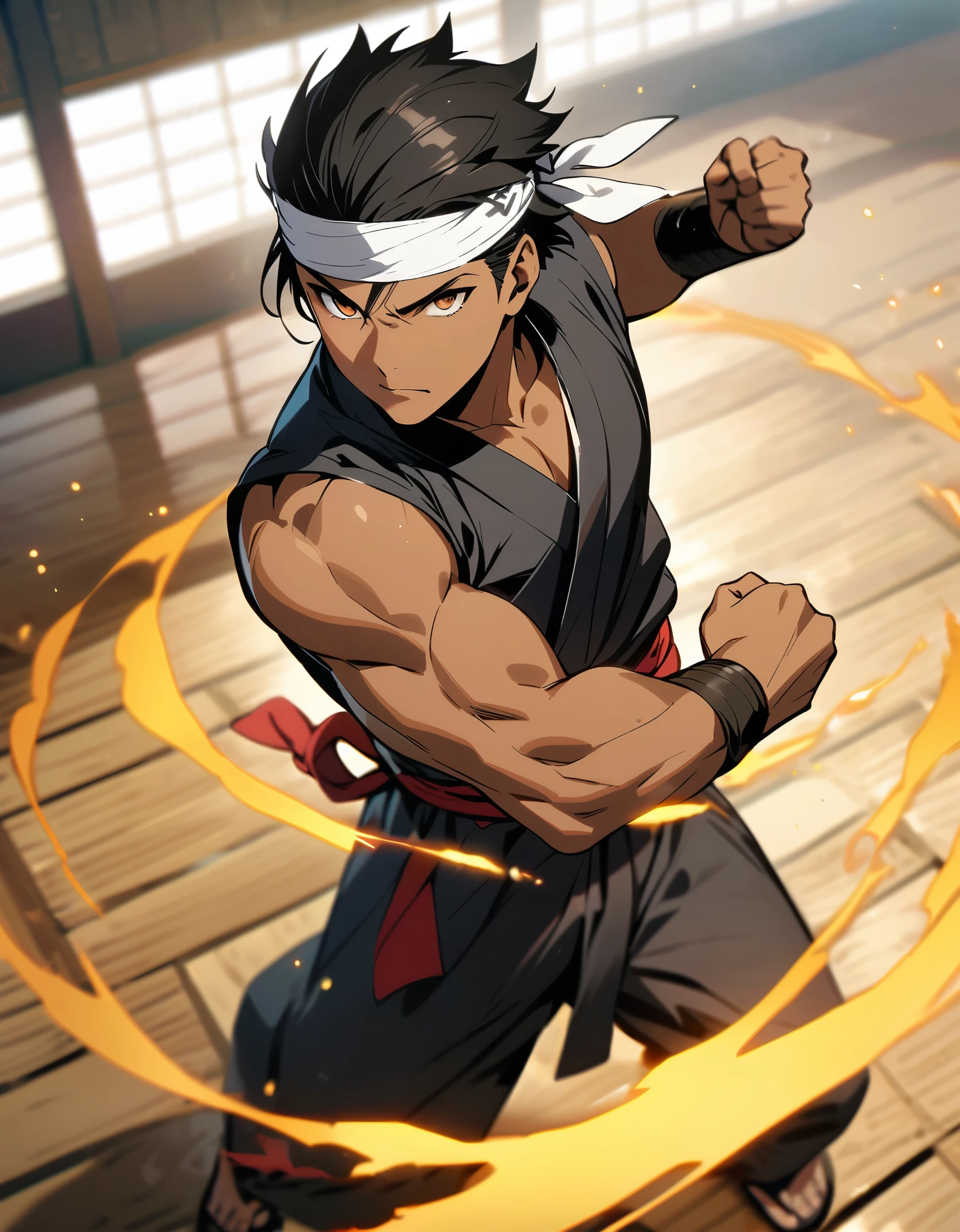 masterpiece, best quality, 1man, black hair, braid hair, brown skin, black hair, blurry, blurry background, bracelet, brown eyes, clenched hand, clenched hands, dougi, fighting stance, hachimaki, headband, japanese clothes, jewelry, male focus, sandals, solo, white headband, wooden floor, wristband, dojo backdrop, body infused with aura, yellow aura, karate fighter