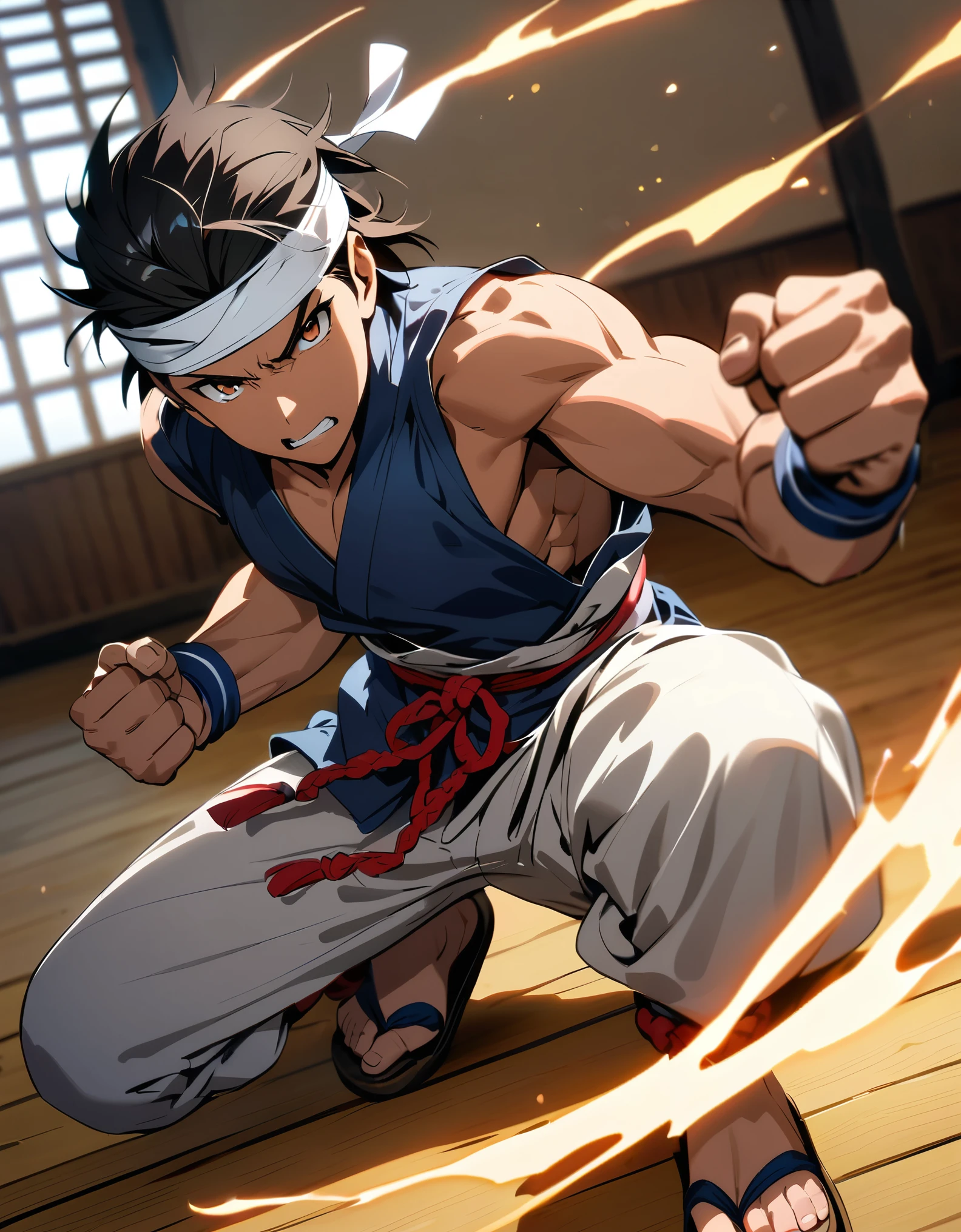 masterpiece, best quality, 1man, black hair, braid hair, brown skin, black hair, blurry, blurry background, bracelet, brown eyes, clenched hand, clenched hands, dougi, fighting stance, hachimaki, headband, japanese clothes, jewelry, male focus, sandals, solo, white headband, wooden floor, wristband, dojo backdrop, body infused with aura, yellow aura, karate fighter
