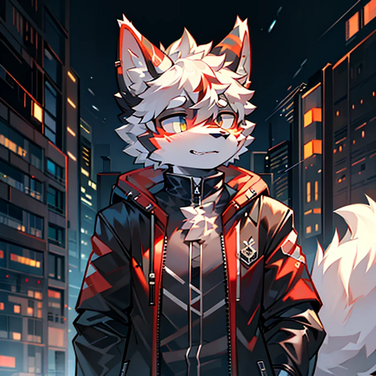 Cybermetropolis,Thunder,drifting snow,Male mechanical white wolf,red stripes on face, black leather jacket,firmament,shoun