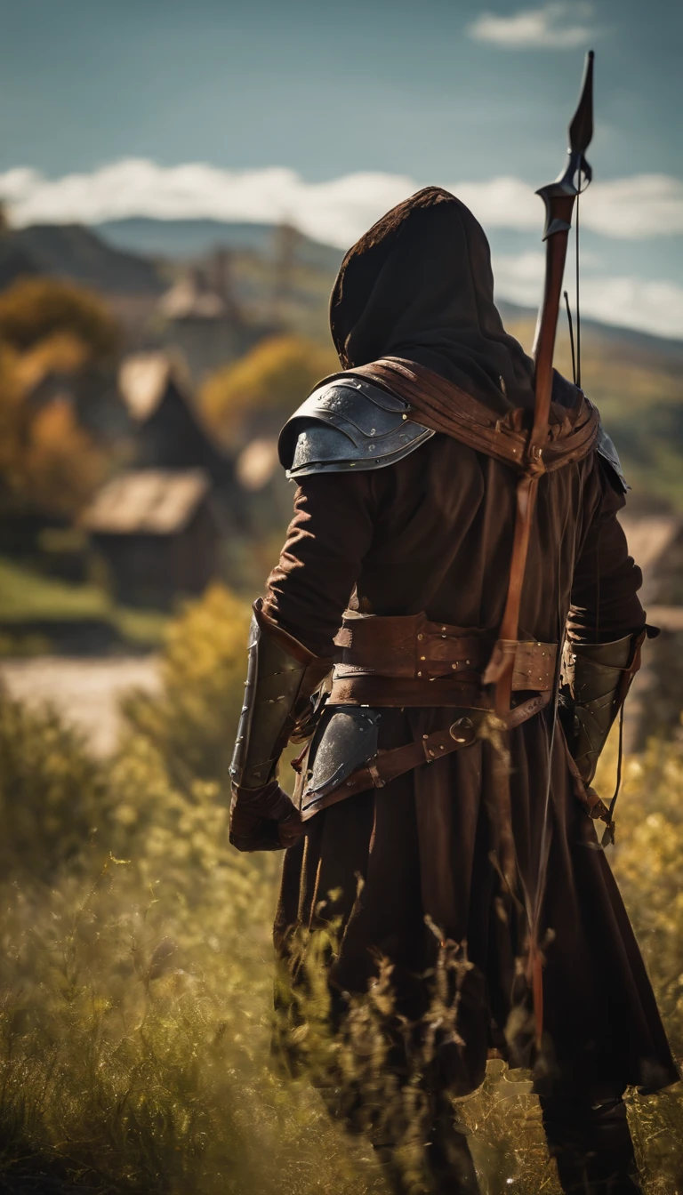 Realistic, 4k, rogue assasin with leather armor, Hood on head croaching in a medieval village in sunny day holding a bow