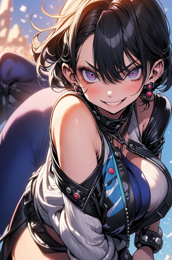melhor qualidade,roupa azul,juri han,solo, masterpiece, best quality, agrias, grey sweater, black leotard, standing, looking at viewer, short hair,oculos,evil smile, evil look,luvas preta,roupa azul,yandere rosto,low lighting,coxa sarada copo detalhado,olhando para frente juri han,bela