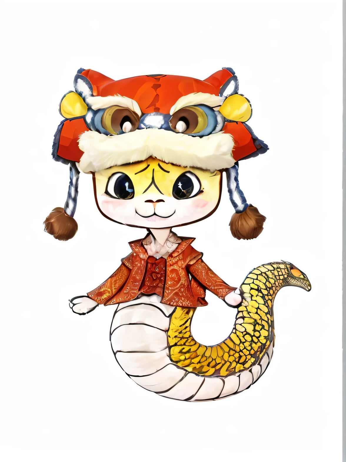 (Extremely detailed wallpaper),(masterpiece), (best quality), (Super detailed), (Best Illustration),(The best shadow)Blank background,Color matching close to the original painting: Nian Beast hat and red top,Snake face