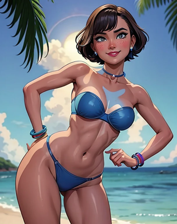 8K, (best quality:1.3), (masterpiece:1.3), (detailed:1.2), 1girl, solo, ((26 year old:1.3, Filipino Woman:1.3, short black hair:1.3, Amber eyes:1.2, Detailed face, Detailed eyes, tanned bronze skin:1.08, medium breasts, narrow waist, wide hips, curvy, agile physique:1.08, Perfect Anatomy, (mature female),(shiny skin), glossy lips, lipstick, (Wearing: Strapless Blue bikini bra, Blue Bikini bottom, bracelets:1.2)), (Character Focus),Perfect Anatomy,(Professional Lighting), Looking at Viewer, (hands on hips), (Smiling),blush,(super detailed skin), dynamic pose, (Background: outdoors, beach of the Philippines), full body,