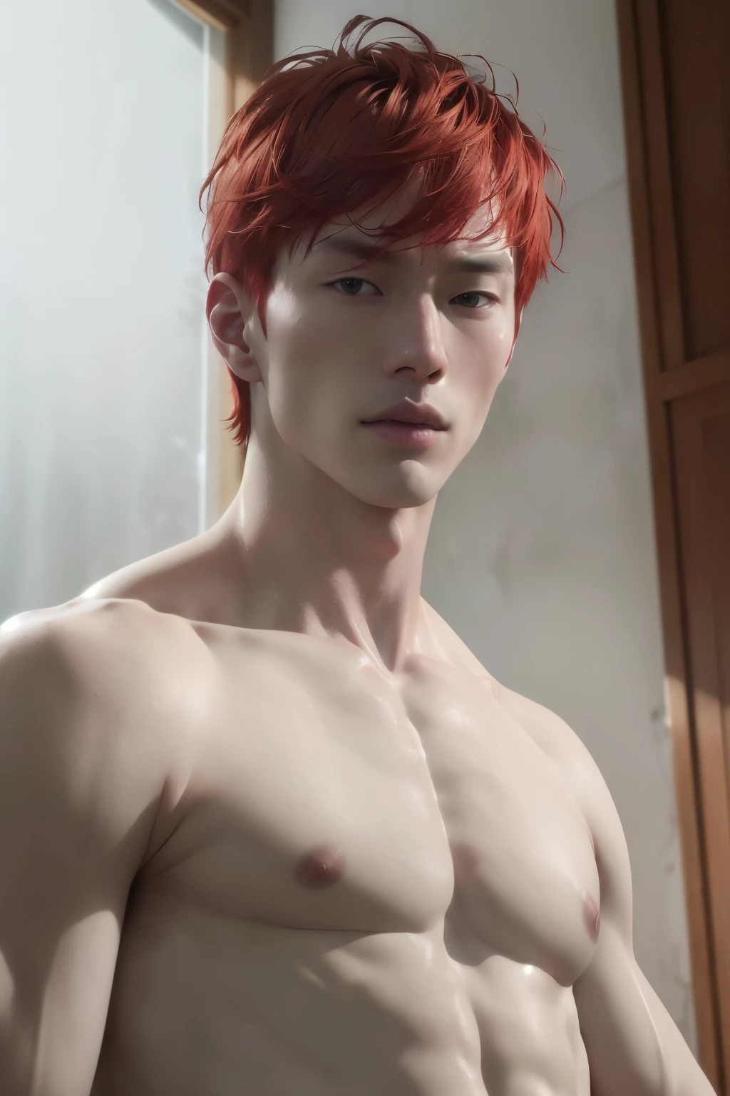 (8k, RAW photo, best quality, masterpiece:1.2), (realistic, photo-realistic:1.4), ultra-detailed, (high detailed skin:1.2), (asian) pale skin, white and red hair, handsome 1man,  