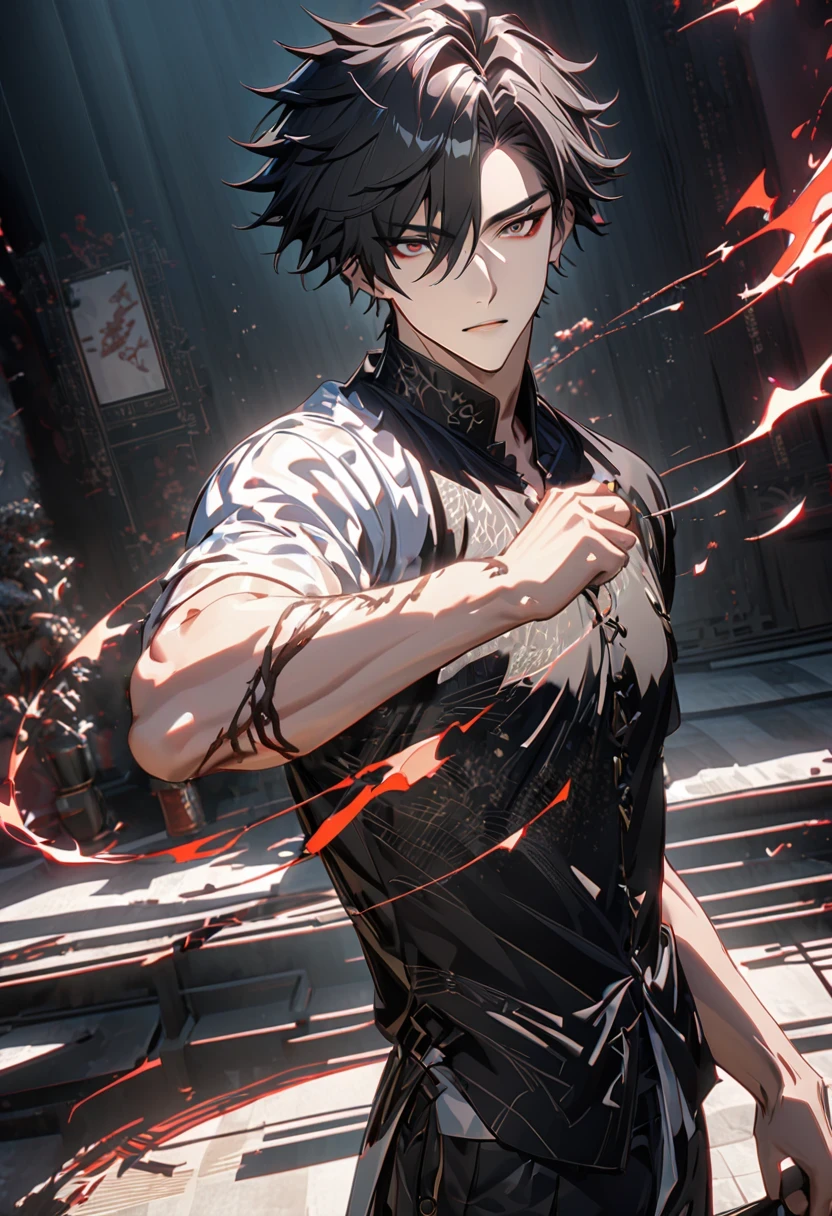 male1名, male中心, Right Arm Only Demon, human, Black aura on right arm, male, shortage々Shii, Stick out your right arm, Black Right Arm, White Shirt, clothes, Chino pants, View your viewers, short hair, 8k, detailed, Ray Tracing, Depth of written boundary