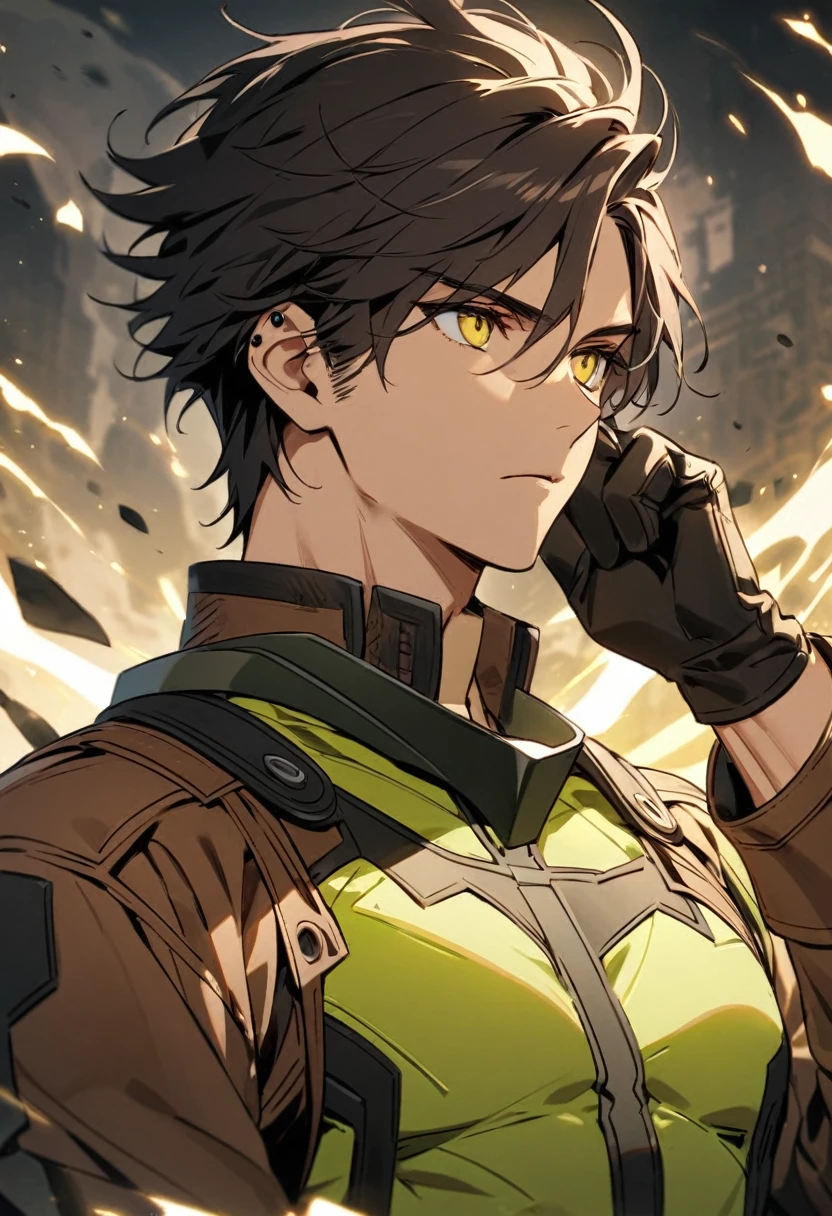 He has a strong, athletic build and striking white streaks framing his otherwise dark hair, styled in a short, tousled manner. His eyes are piercing and thoughtful. Typically, he wears a form-fitting combat uniform, predominantly in green and yellow tones, with a brown leather jacket that adds a rugged touch. His gloves are essential to his look, necessary to contain his power of absorbing the abilities and memories of others with a touch.