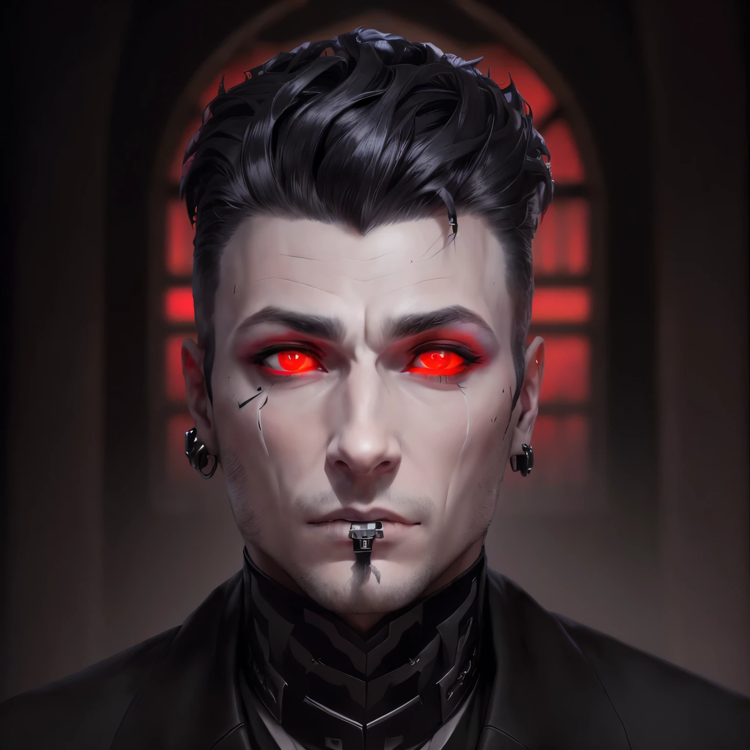 arafed white paled man with a black jacket and piercings on his face, evil devious male, with very highly detailed face, fully red eyes no pupils, highly_detailed_face!!!, real detailed face, accurate detailed face, fully black eyes no pupils, pointed face and grey eyes, ((red)) baggy eyes, best quality, 8k