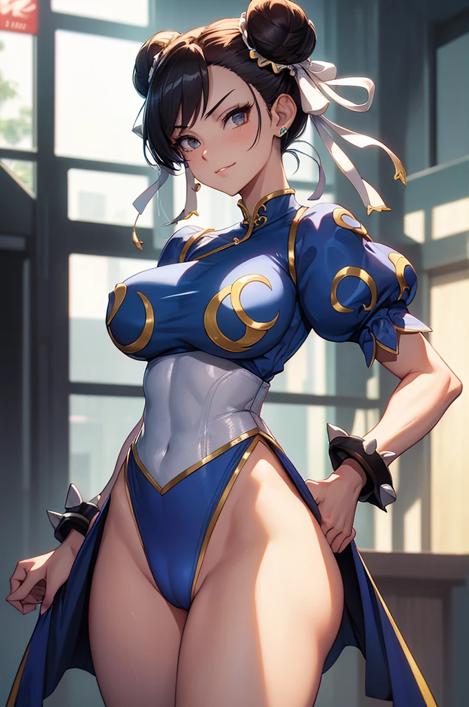 chun li,melhor qualidade,roupa azul,juri han,solo, masterpiece, best quality, agrias, grey sweater, black leotard, standing, looking at viewer, short hair,oculos,evil smile, evil look,luvas preta,roupa azul,yandere rosto,low lighting,coxa sarada copo detalhado,olhando para frente juri han,bela
