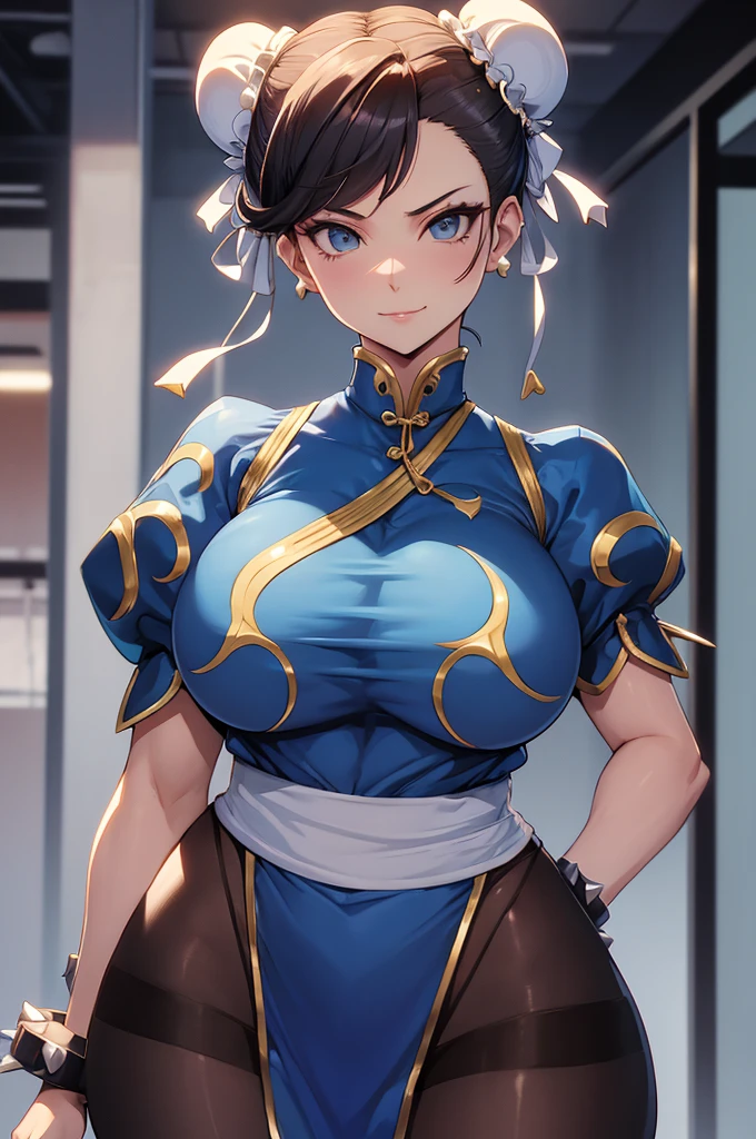 chun li,melhor qualidade,roupa azul,juri han,solo, masterpiece, best quality, agrias, grey sweater, black leotard, standing, looking at viewer, short hair,oculos,evil smile, evil look,luvas preta,roupa azul,yandere rosto,low lighting,coxa sarada copo detalhado,olhando para frente juri han,bela
