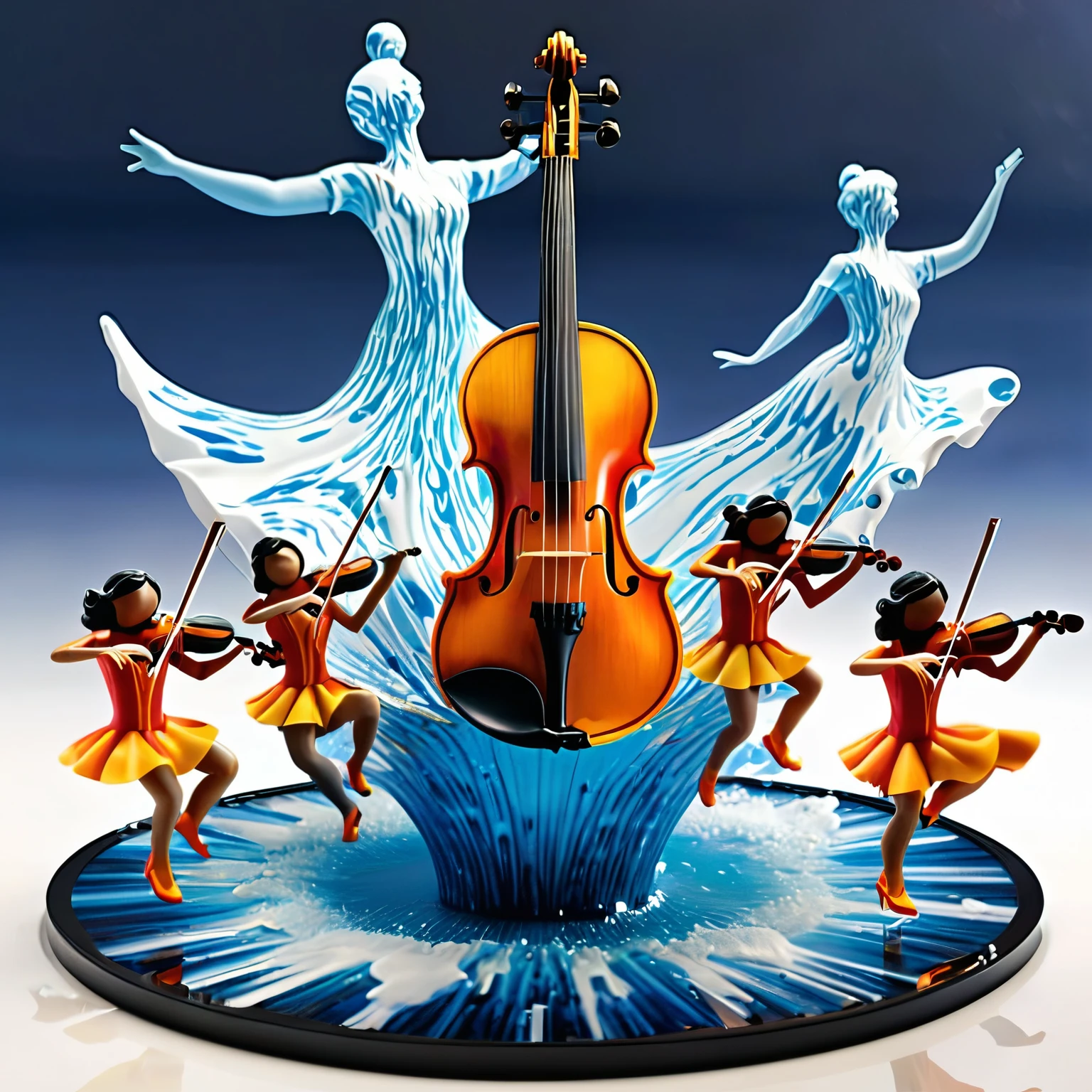Large violin centered in another dimension with several miniature people around it melting and dancing