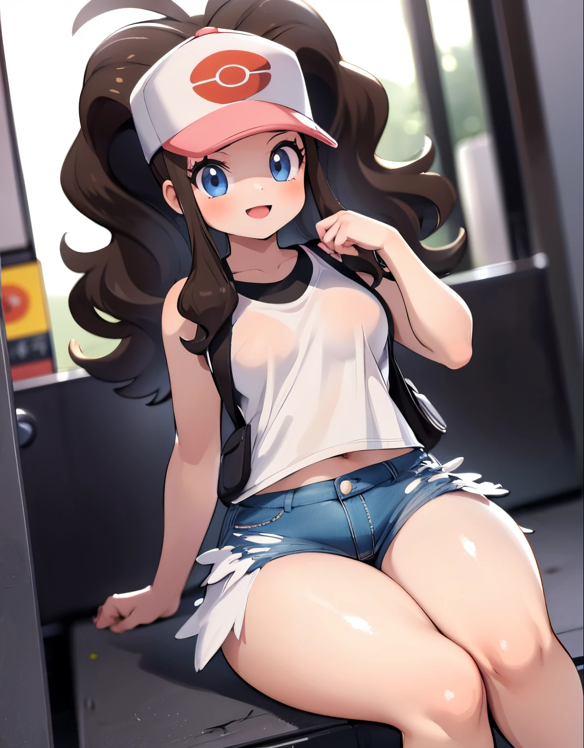 (best quality, highres, masterpiece:1.2), ultra-detailed, realistic:1.37, sketches, hilda pokemon, def1, age girl, sitting on her knees, curvy, visible thighs, chubby thighs, thick thighs, thighs in the foreground, body shape, dirty underpass, underpass, scary underpass, sentada junto a un hombre, hombre tocando su cuerpo, curious look, pokeballs, smile, encanto femenino, downblouse
