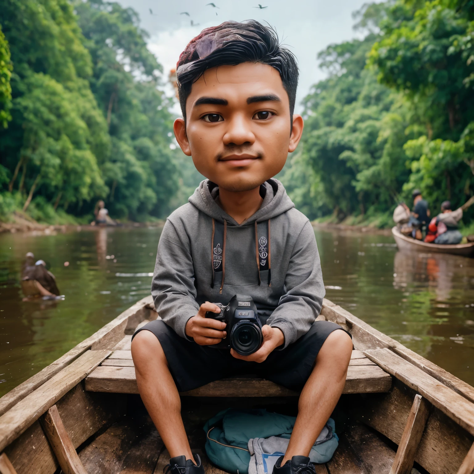 make a 3D Caricature, a photo of an indonesian men, neat short hair, gray hoodie, black short, sitting in a wooden boot on the river while wearing a Canon camera, the river is in the middle of a rainforrest and there are big trees, surrounded by lots of birds, ultra HD