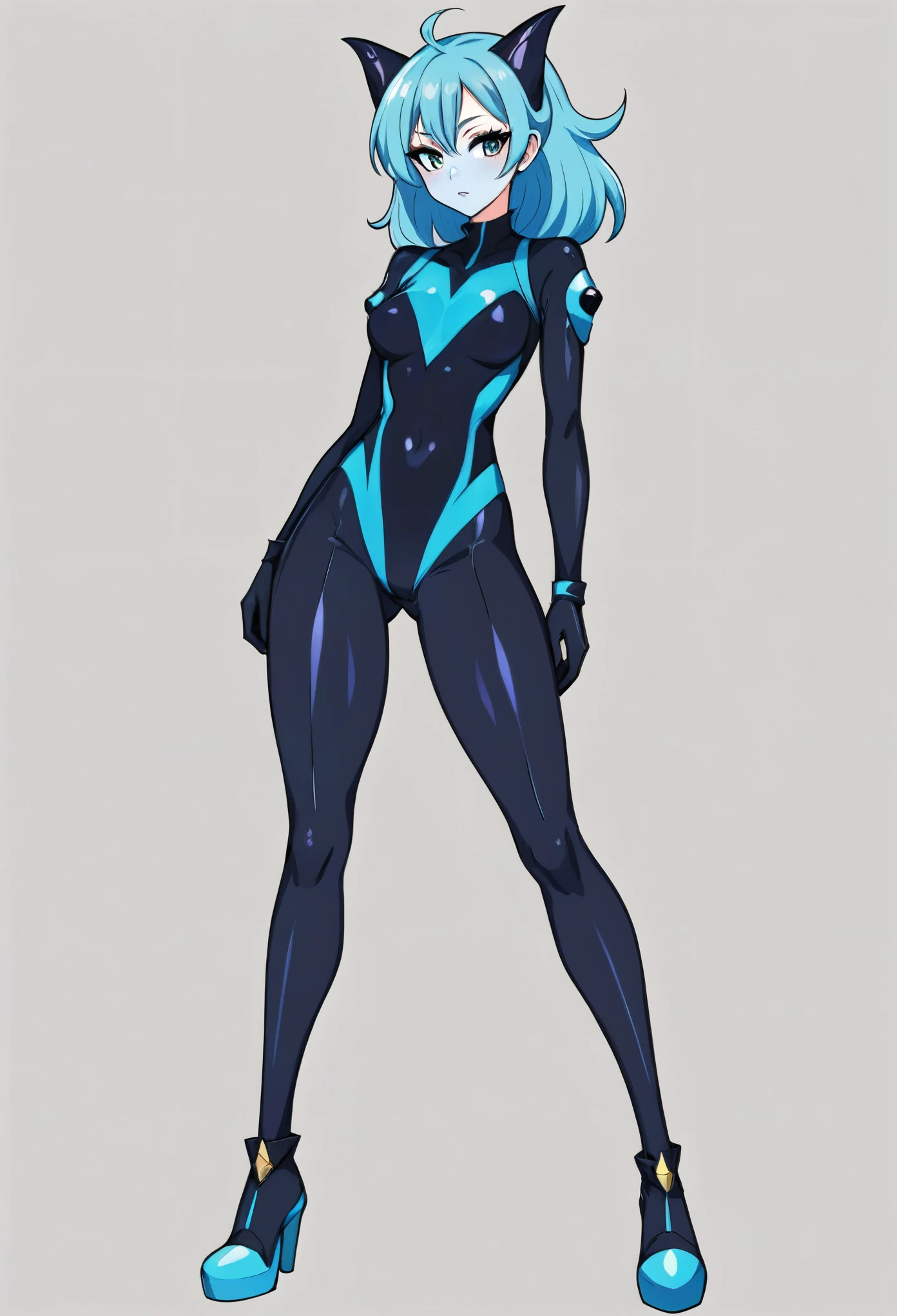 (((full body photo))) a drawing of a woman in a black and blue outfit, full body adoptable, full body portrait of a short!, she has pale blue skin!!!, full body!!, !!full body portrait!!, alien girl, anime character; full body art, full body illustration, monstergirl, monster girl, laserpunk fullbodysuit, anime monster girl, full body with costume
